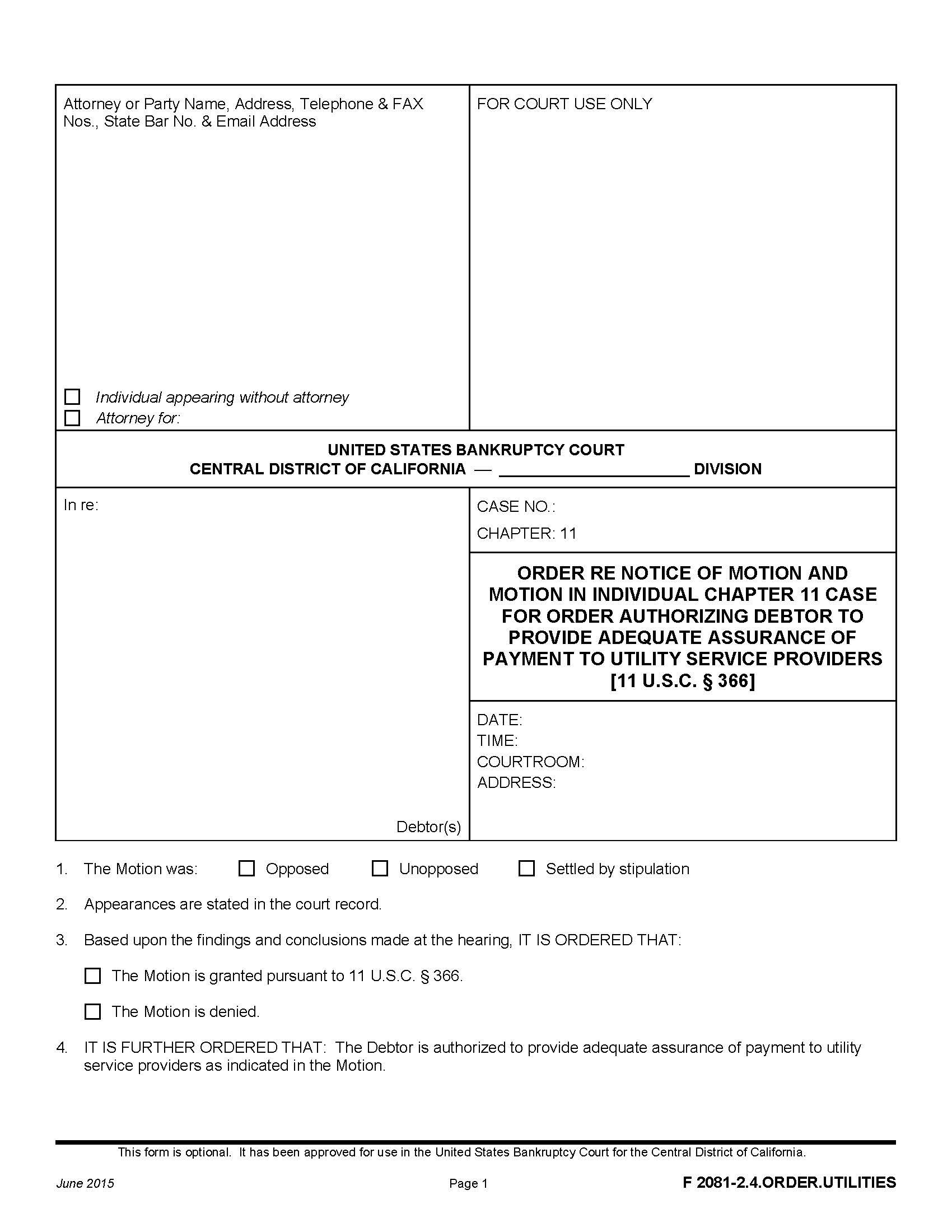 Order Re Notice Of Motion And Motion In Individual Chapter 11 {F 2081-2.4.ORDER.UTILITIES} | Pdf Fpdf Doc Docx | California