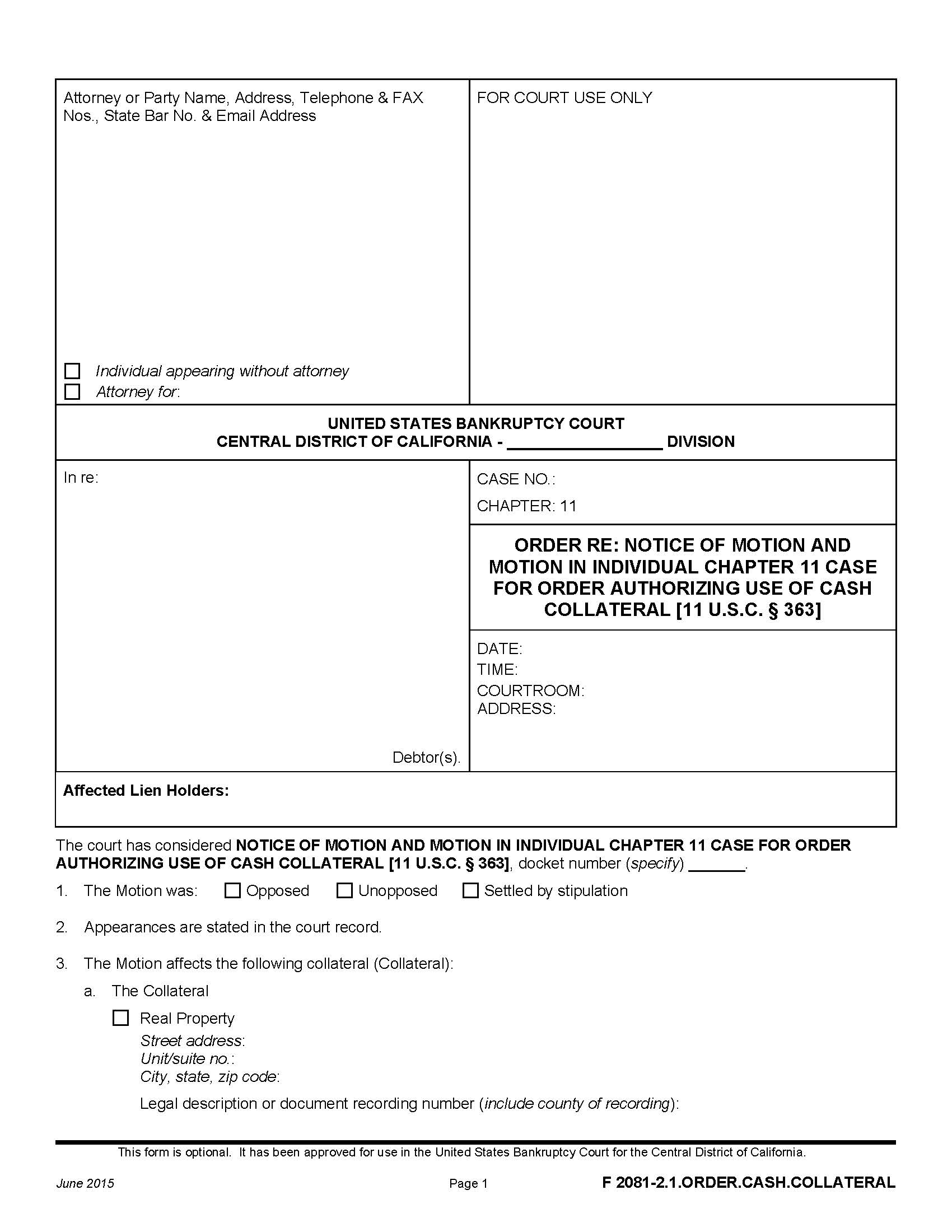 Order Re Notice Of Motion And Motion In Individual Chapter 11 Case {F 2081-2.1.ORDER.CASH.COLLATERAL} | Pdf Fpdf Doc Docx | California