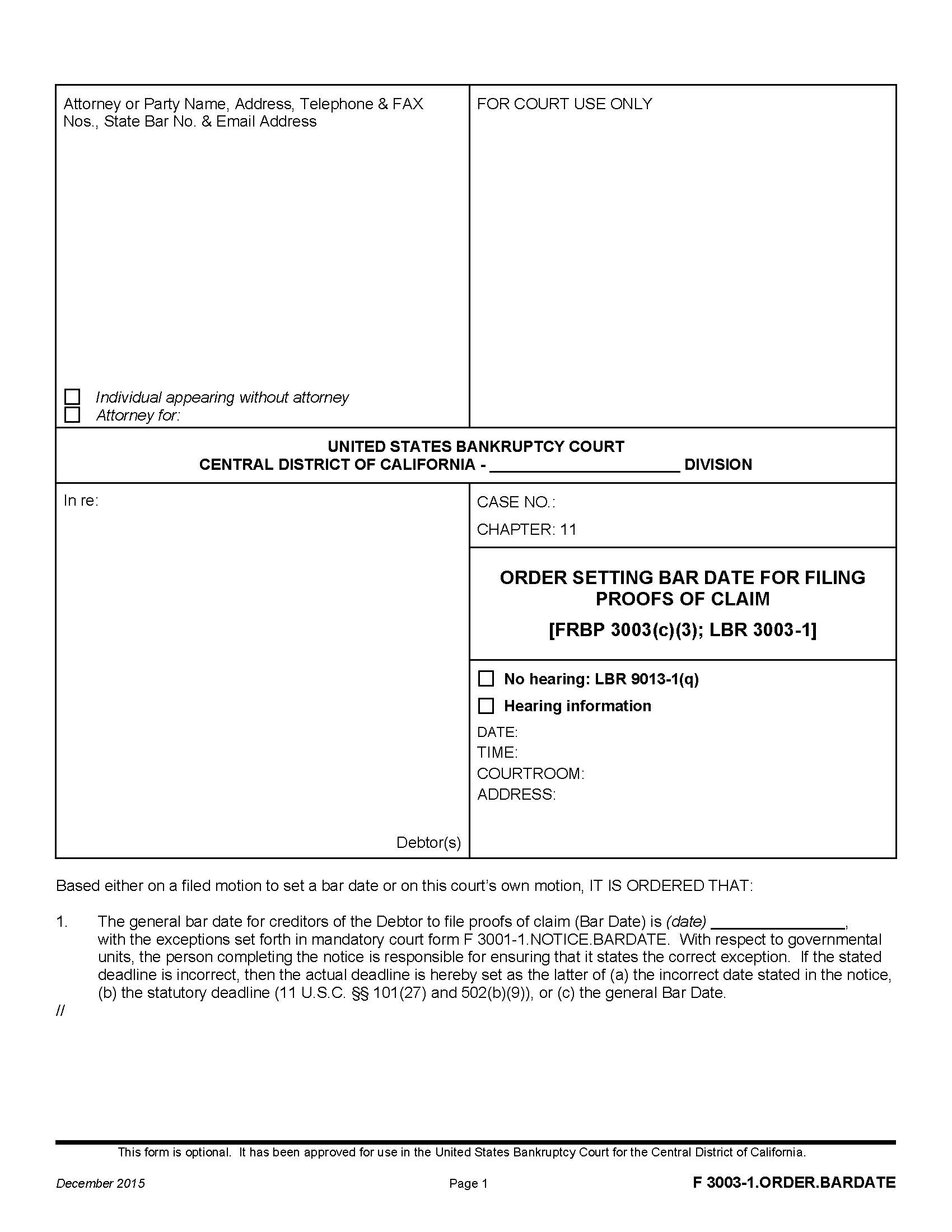 Order Setting Bar Date For Filing Proofs Of Claim {F 3003-1.ORDER.BARDATE} | Pdf Fpdf Doc Docx | California
