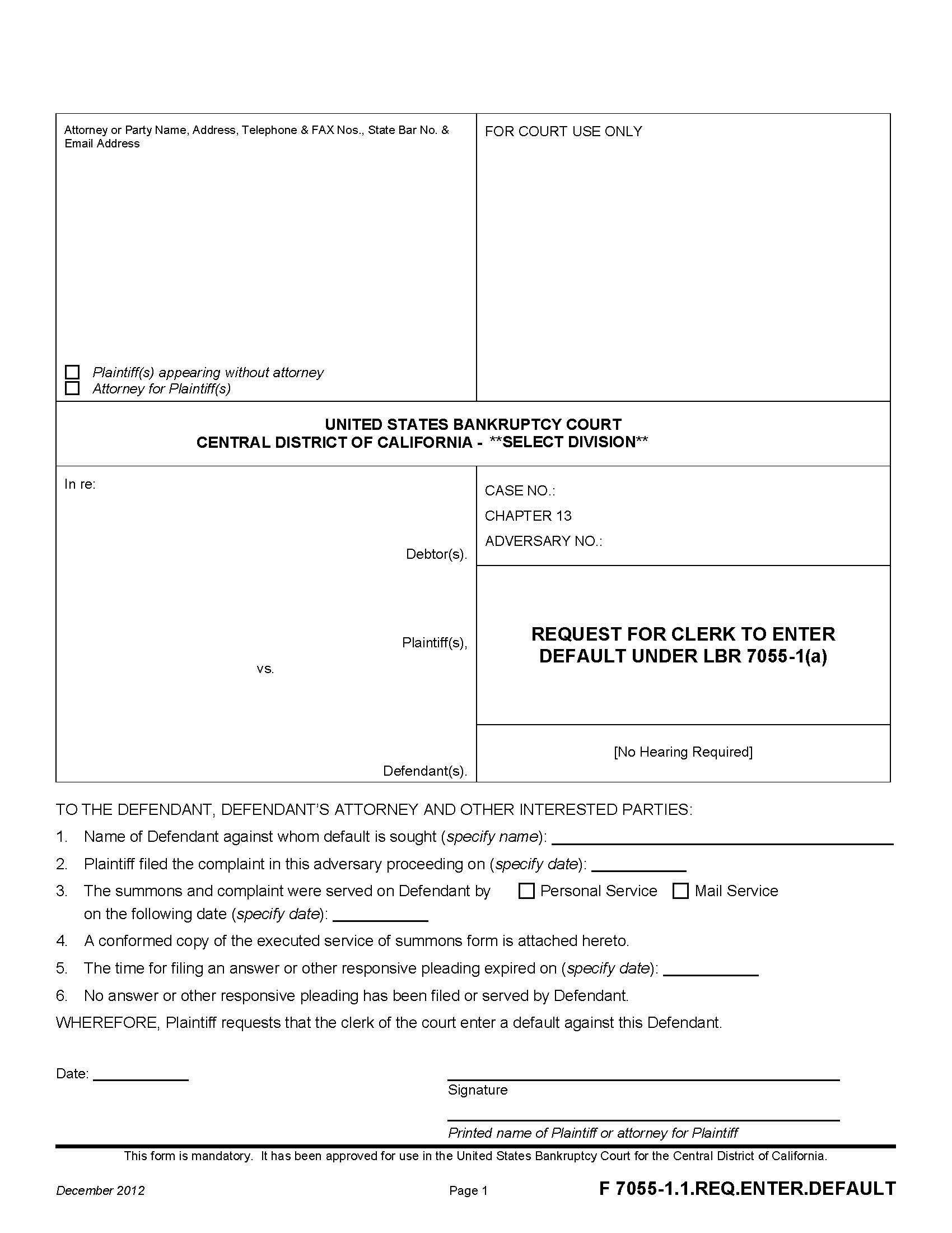 Request For Clerk To Enter Default Under LBR 7055-1(a) {F 7055-1.1.REQ.ENTER.DEFAULT} | Pdf Fpdf Doc Docx | California