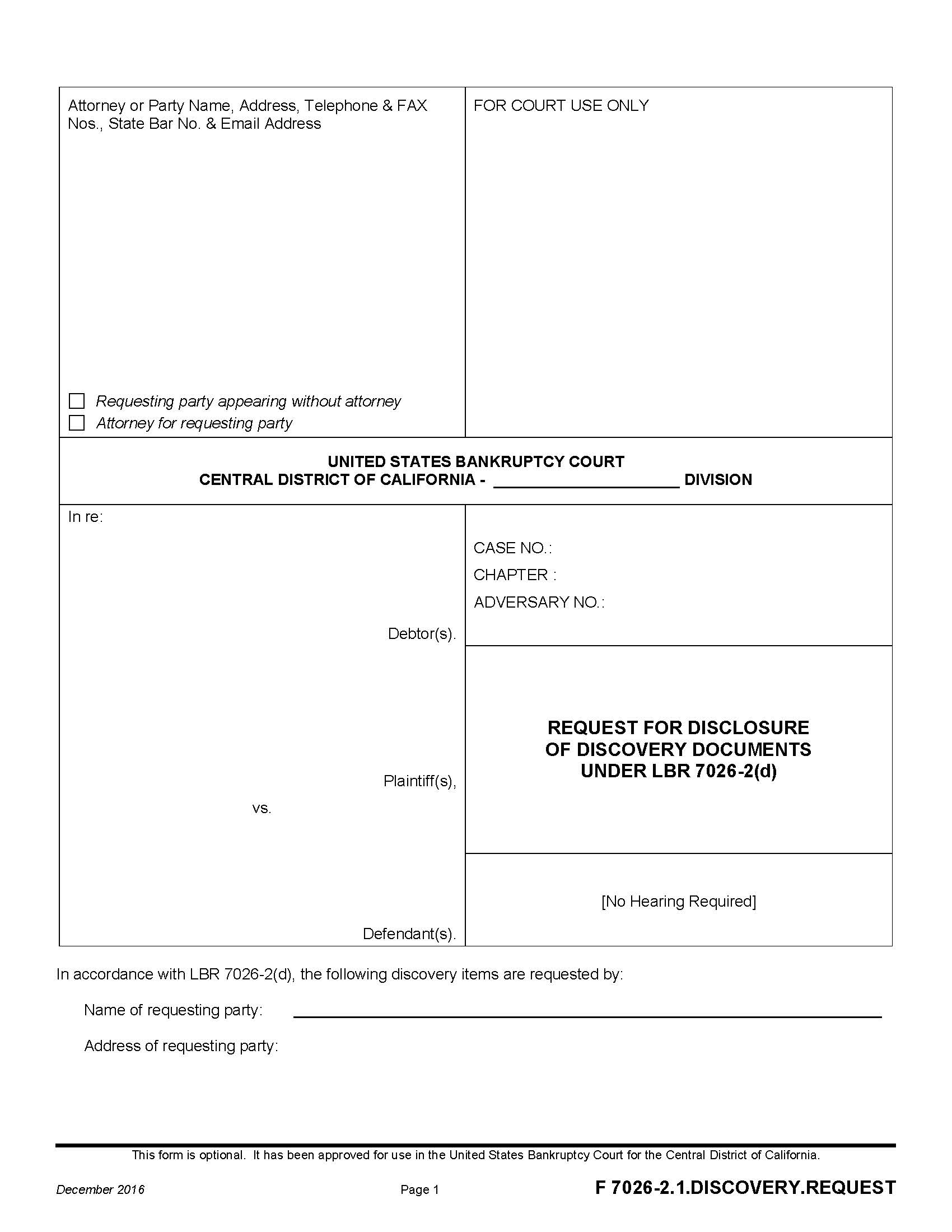 Request For Disclosure Of Discovery Documents Under LBR 7026-2(d) {F 7026-2.1.DISCOVERY.REQUEST} | Pdf Fpdf Docx | California
