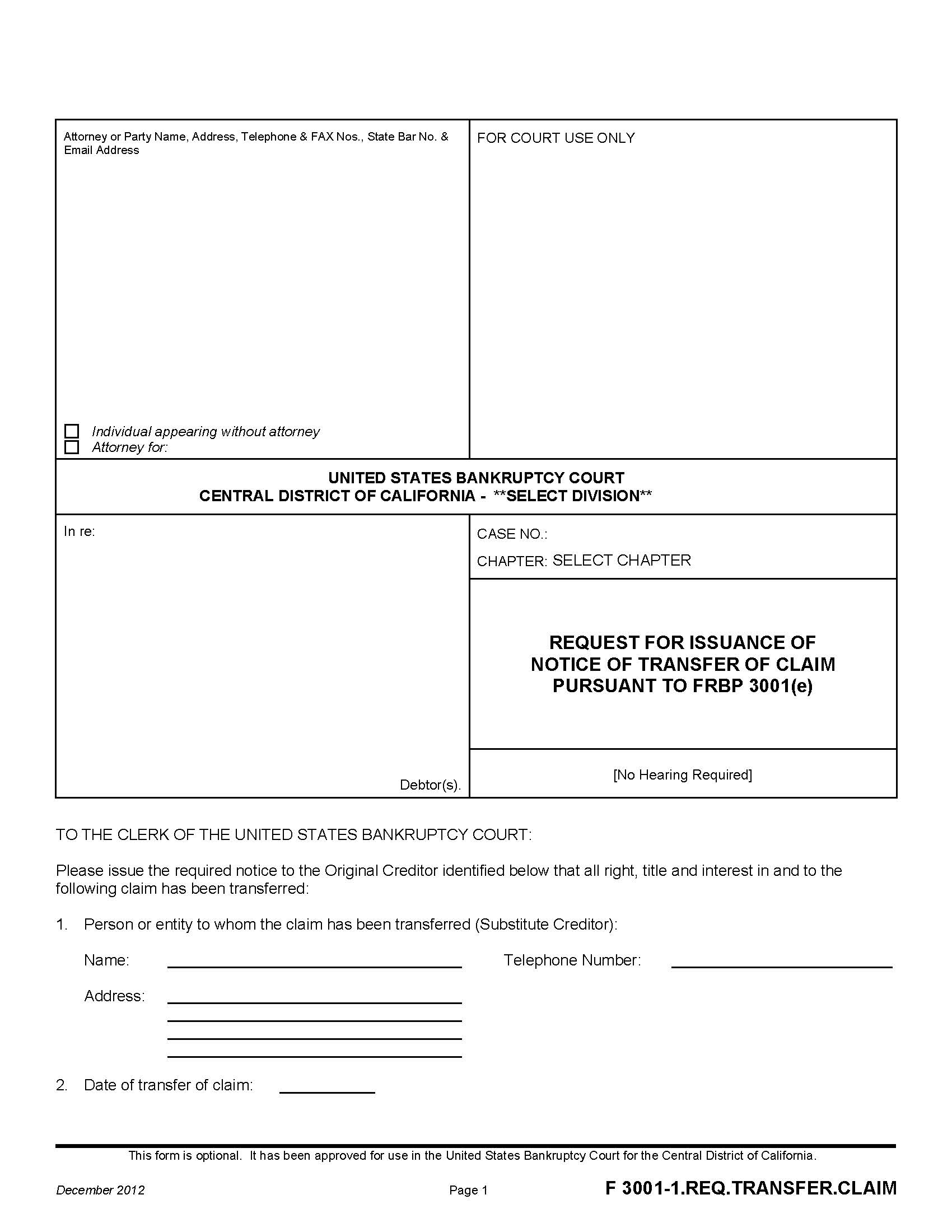 Request For Issuance Of Notice Of Transfer Of Claim {F 3001-1.REQ.TRANSFER.CLAIM} | Pdf Fpdf Doc Docx | California