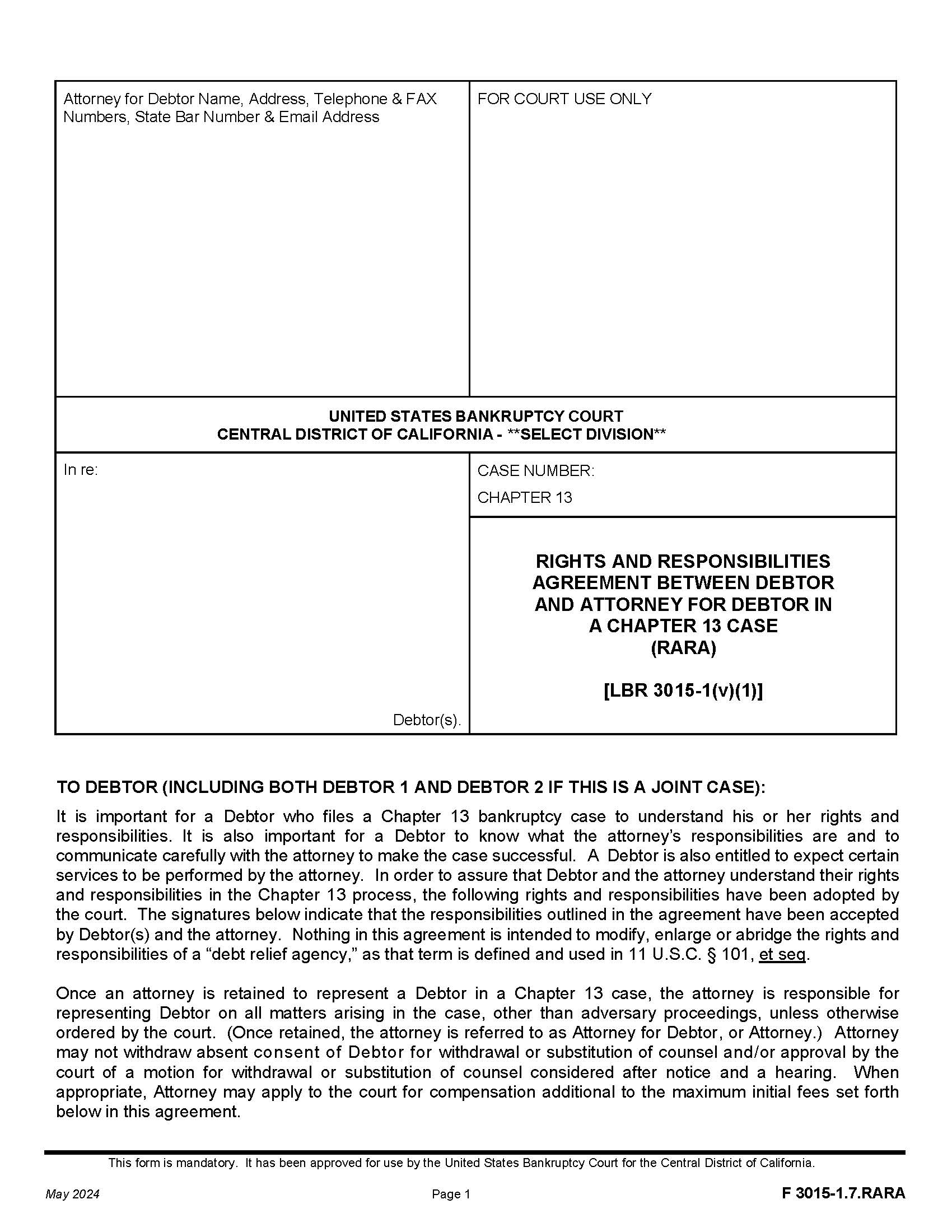 Rights And Responsibilities Agreement Between Chapter 13 Debtors And Their Attorneys {F 3015-1.7.RARA} | Pdf Fpdf Docx | California