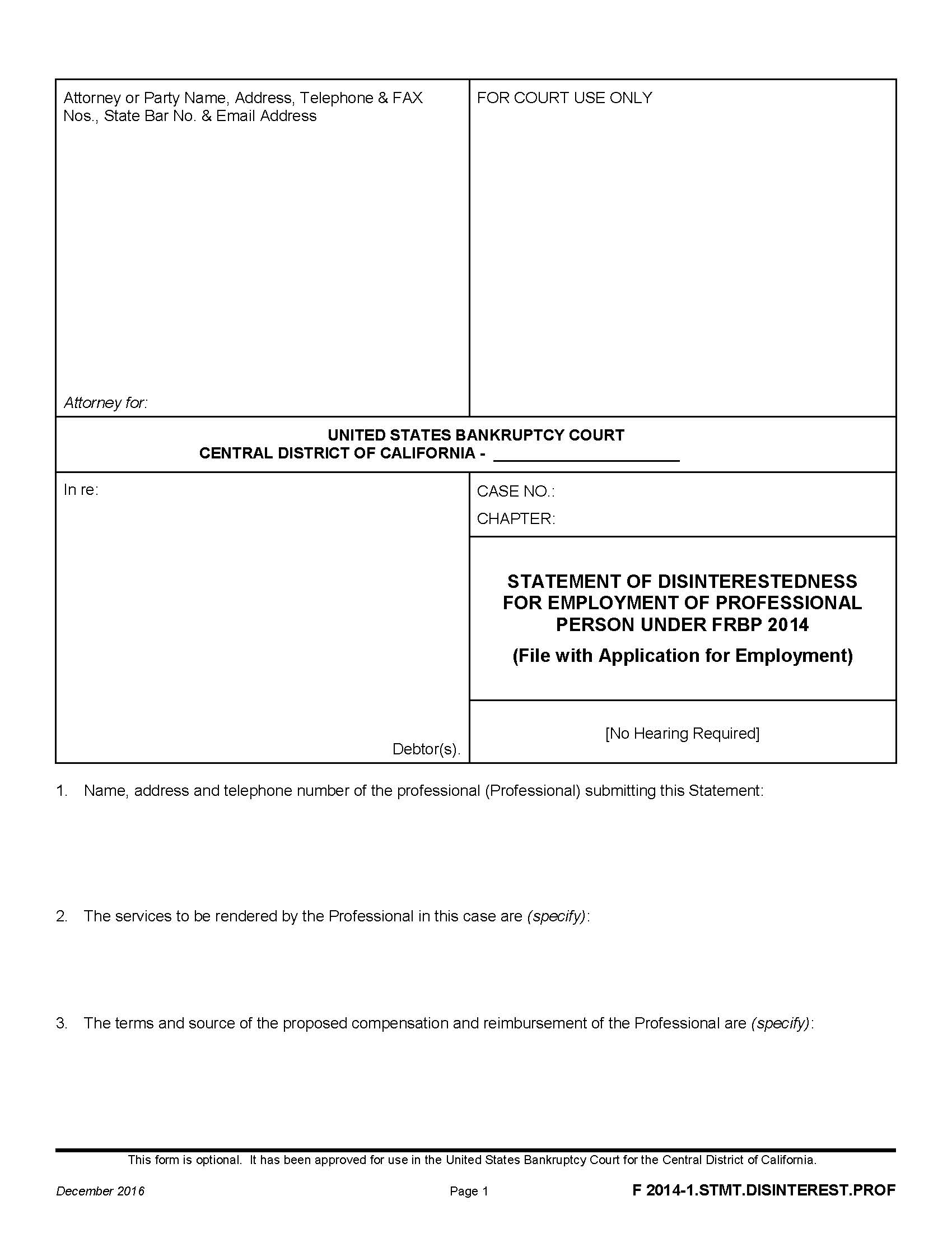 Statement Of Disinterestedness For Employment Of Professional Person {F 2014-1.STMT.DISINTEREST.PROF} | Pdf Fpdf Docx | California