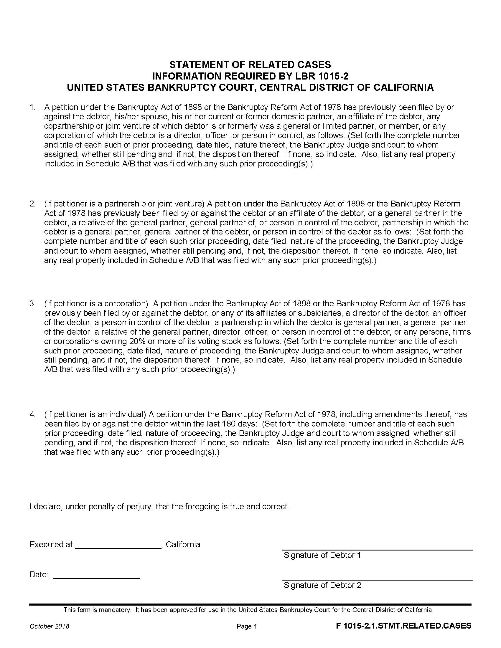 Statement Of Related Cases {F 1015-2.1.STMT.RELATED.CASES} | Pdf Fpdf Docx | California