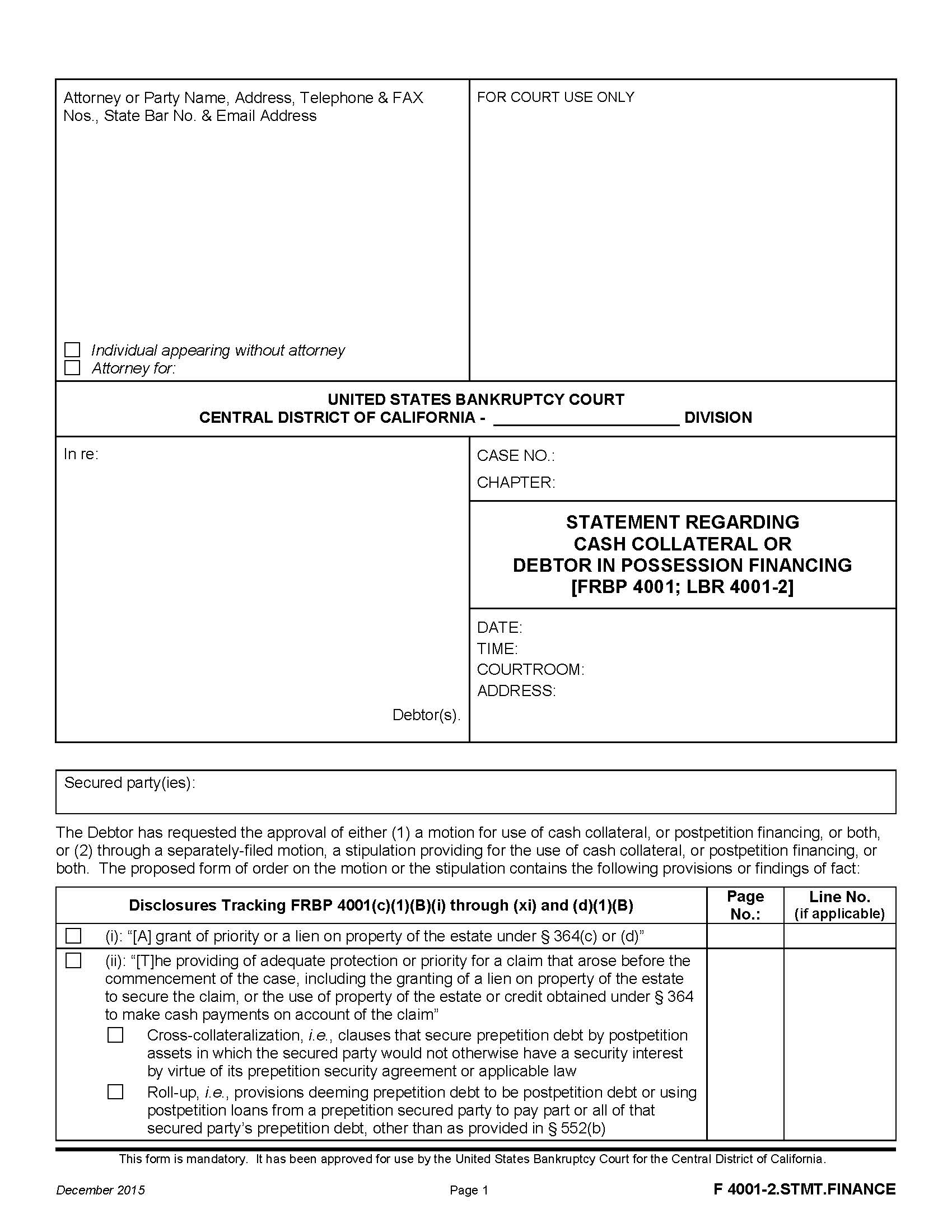 Statement Regarding Cash Collateral Or Debtor In Possession Financing {F 4001-2.STMT.FINANCE} | Pdf Fpdf Doc Docx | California
