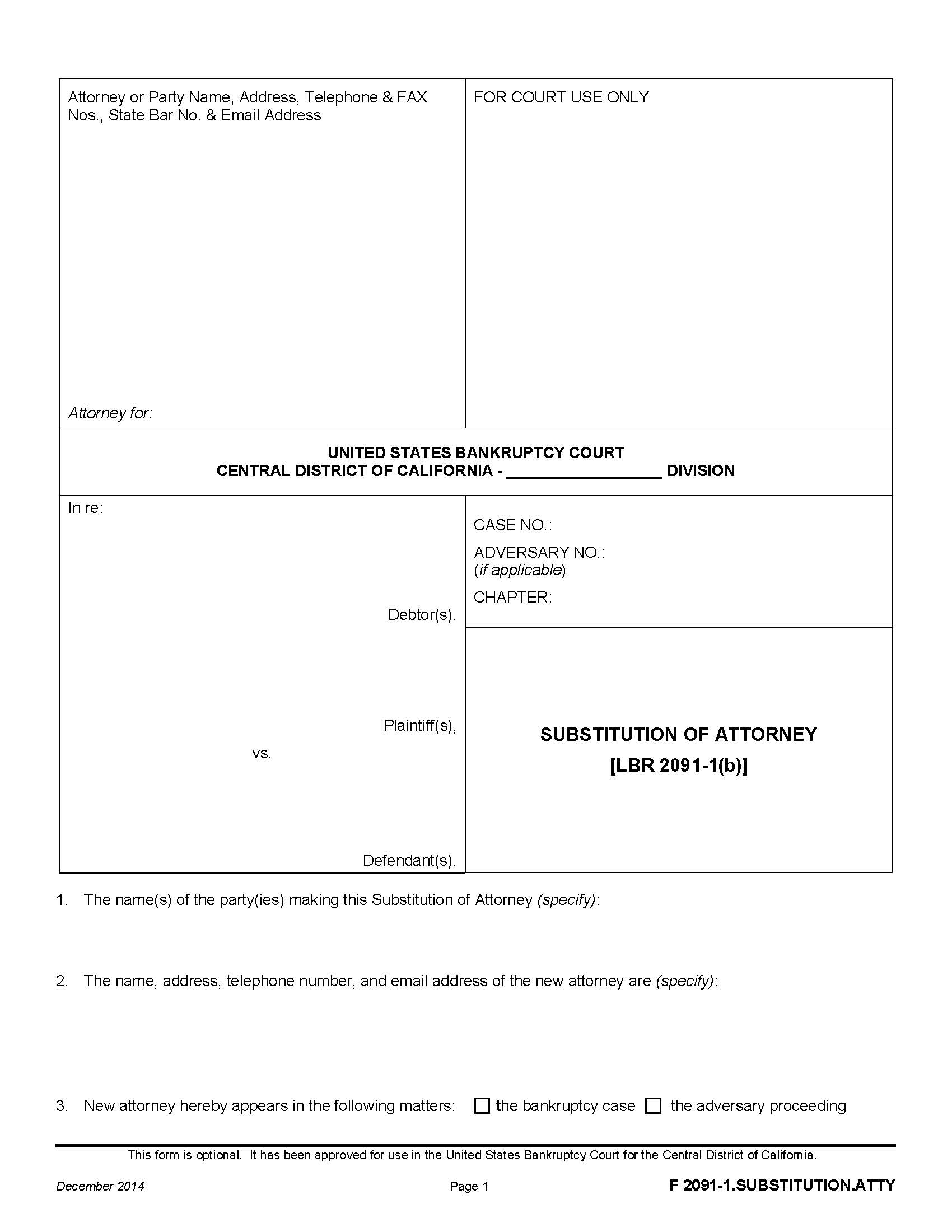 Substitution Of Attorney {F 2091-1.SUBSTITUTION.ATTY} | Pdf Fpdf Doc Docx | California