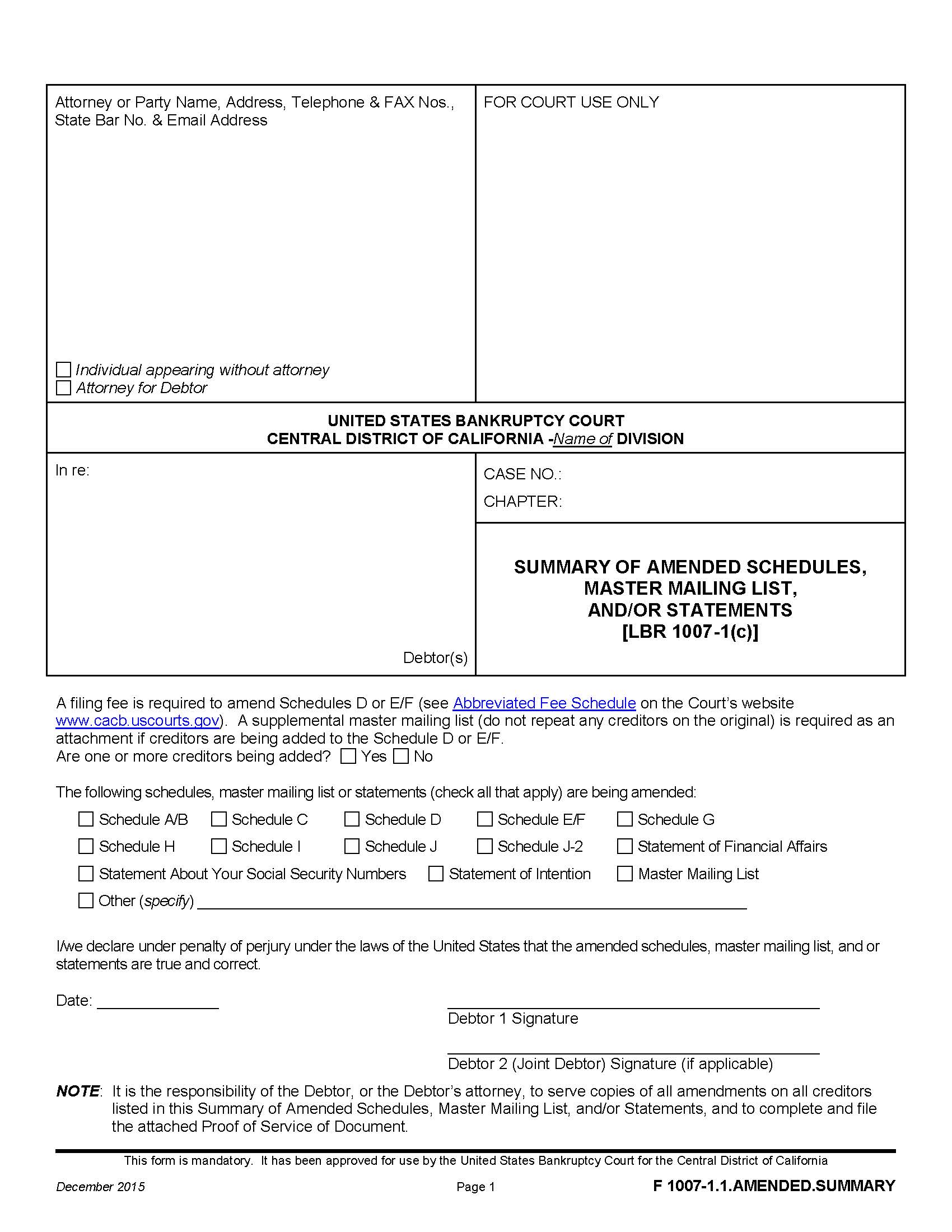 Summary Of Amended Schedule Master Mailing List And-Or Statements {F 1007-1.1.AMENDED.SUMMARY} | Pdf Fpdf Doc Docx | California