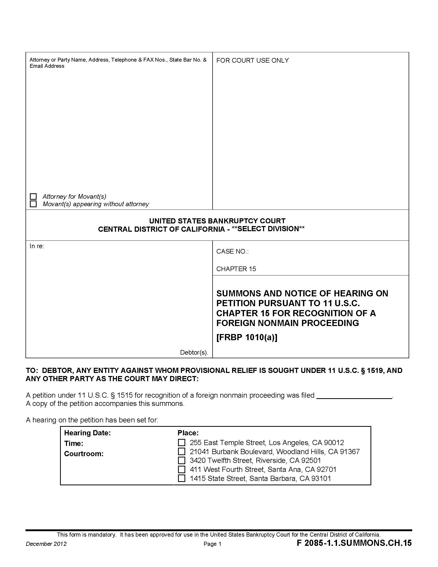 Summons And Notice Of Hearing On Petition Pursuant To 11 USC {F 2085-1.1.SUMMONS.CH.15} | Pdf Fpdf Doc Docx | California