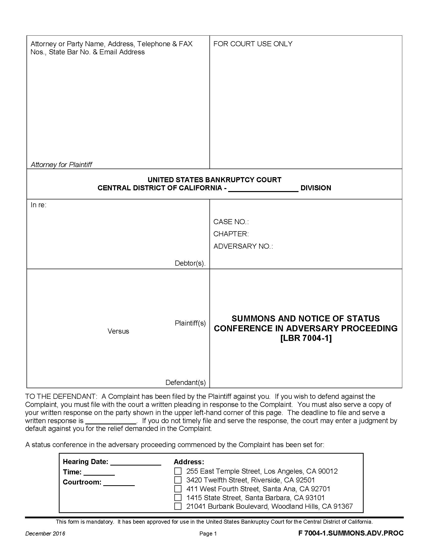 Summons And Notice Of Status Conference In Adversary Proceeding {F 7004-1.SUMMONS.ADV.PROC} | Pdf Fpdf Docx | California