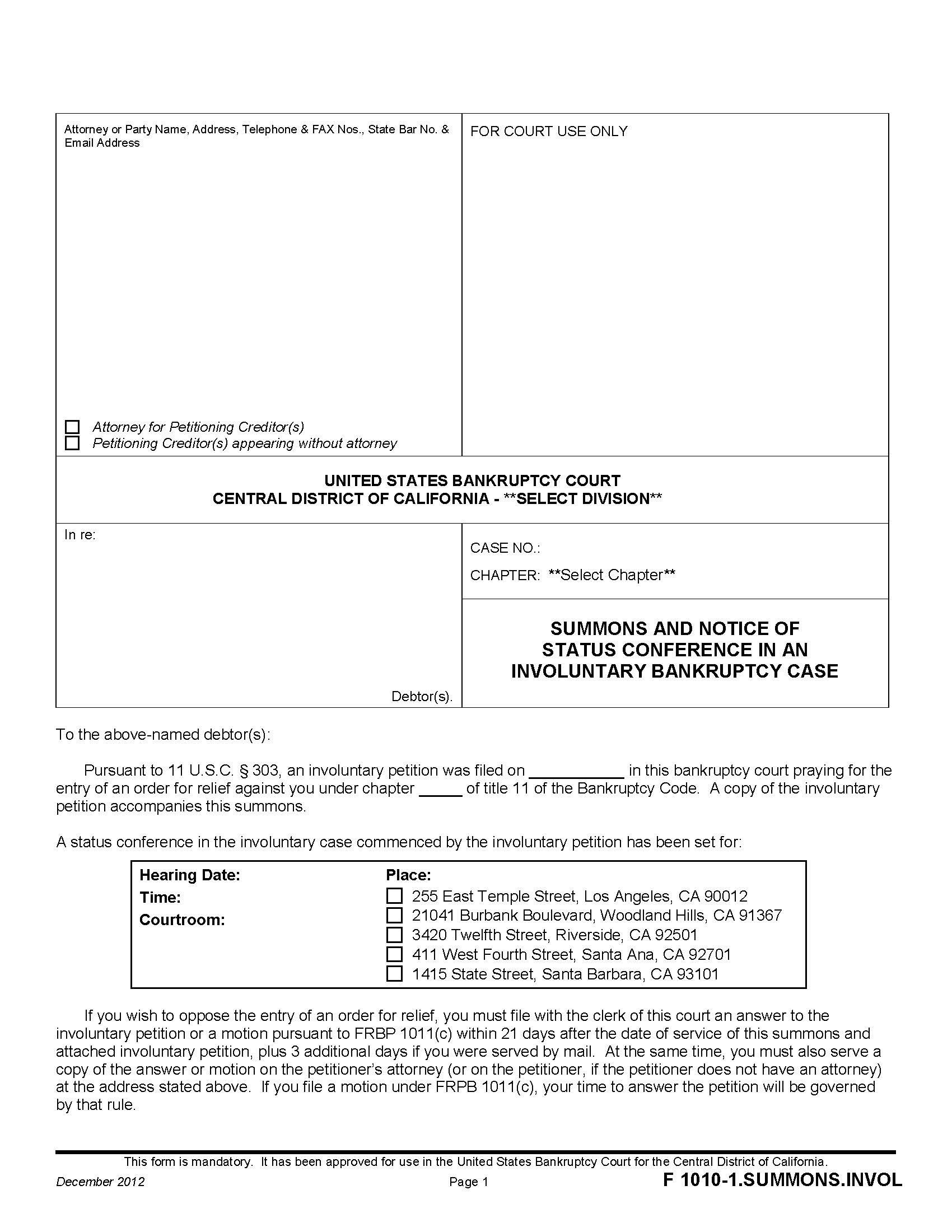 Summons And Notice Of Status Conference In An Involuntary Bankruptcy Case {F 1010-1.SUMMONS.INVOL} | Pdf Fpdf Doc Docx | California