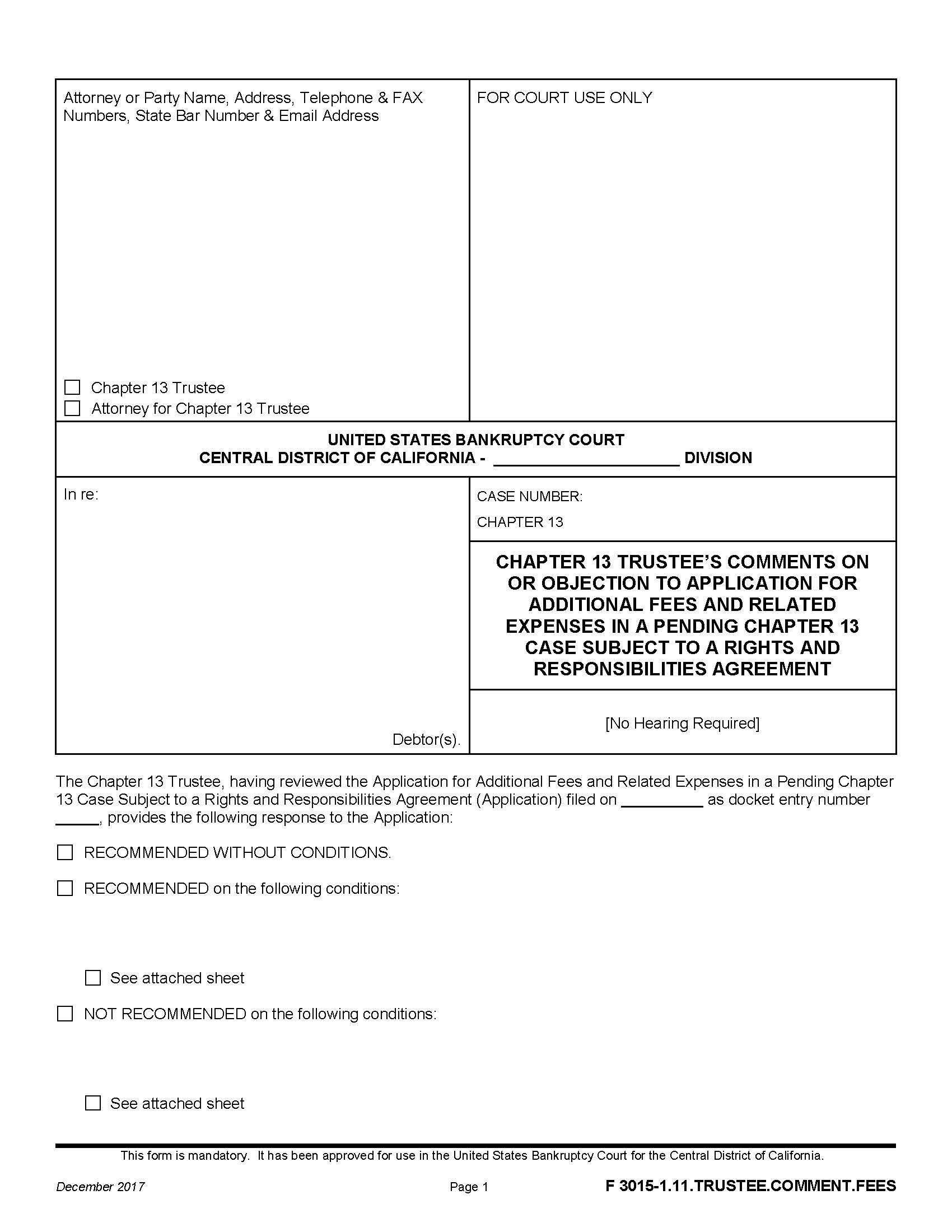 Trustees Comments On Or Objection To Application For Supplemental Fees {F 3015-1.11.TRUSTEE.COMMENT.FEES} | Pdf Fpdf Docx | California