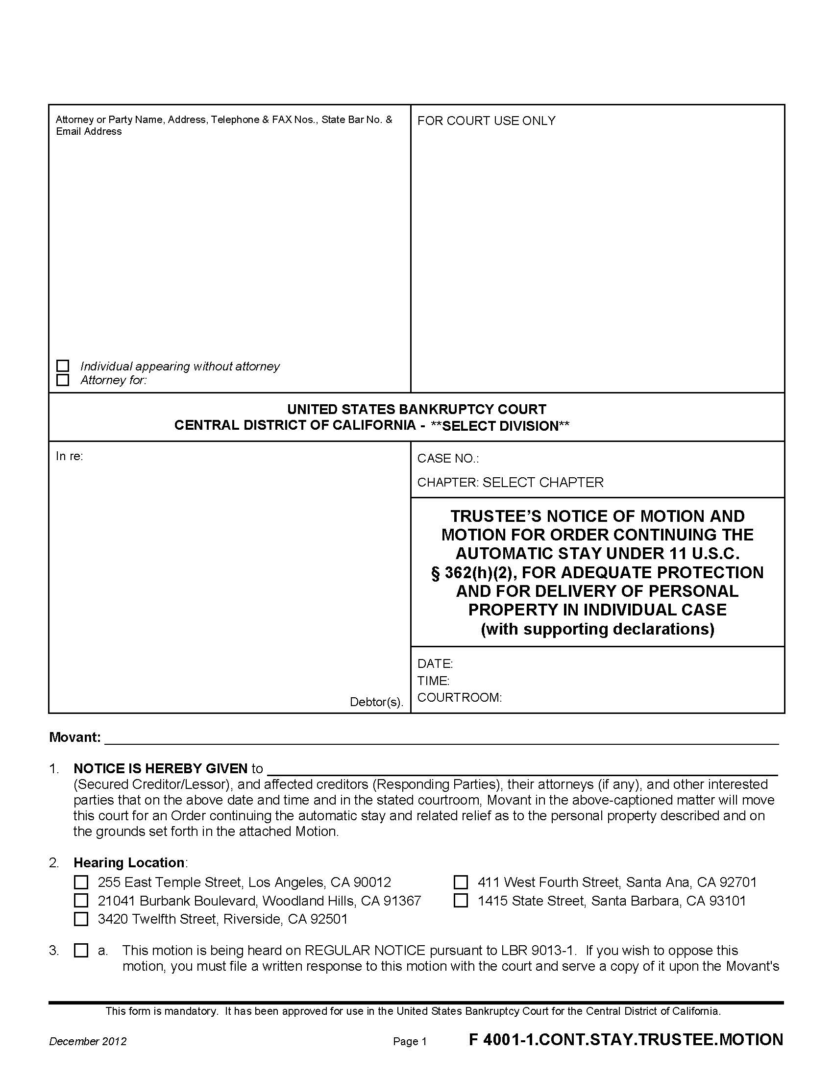 Trustees Notice Of Motion And Motion For Order Continuing {F 4001-1.CONT.STAY.TRUSTEE.MOTION} | Pdf Fpdf Doc Docx | California