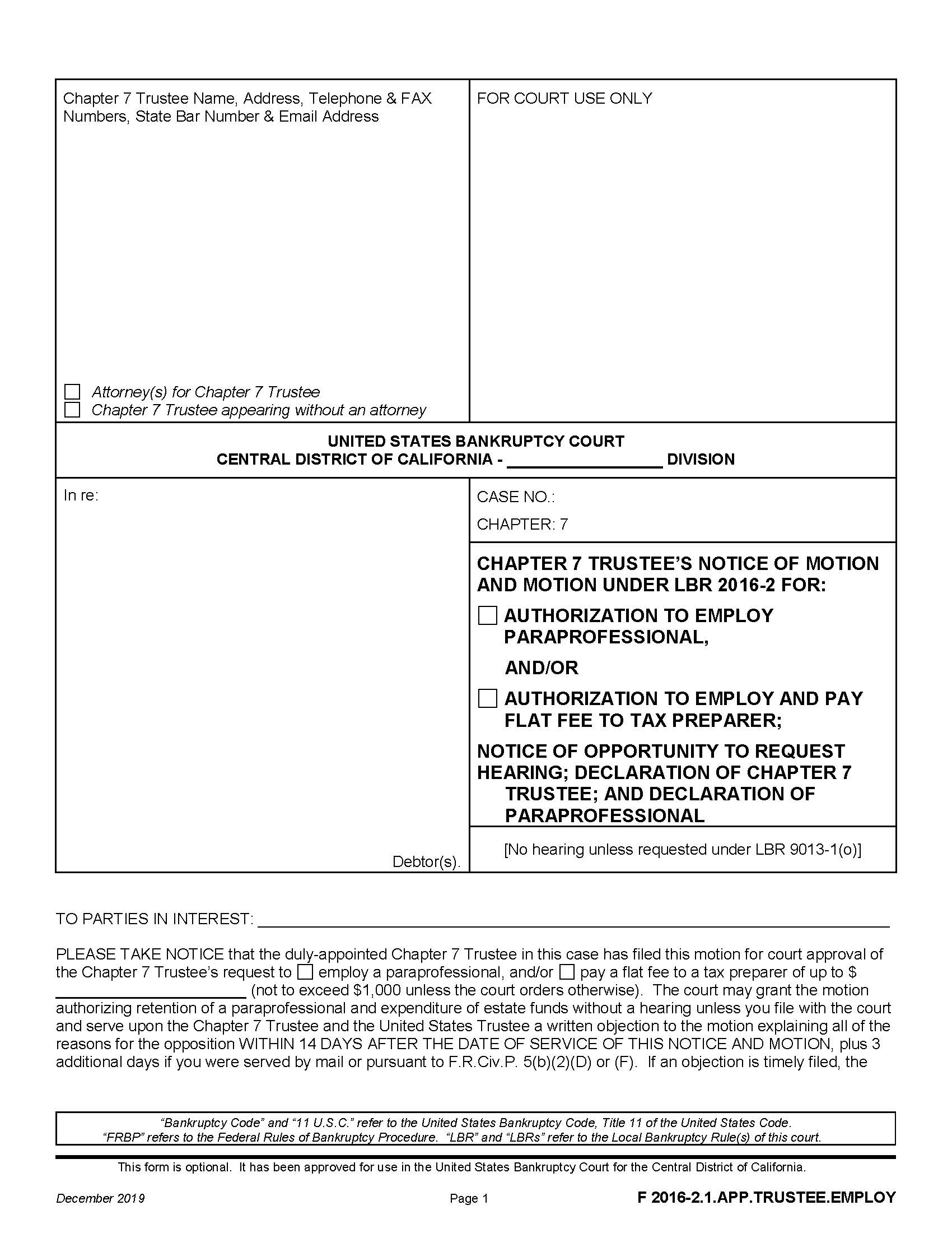 Trustees Notice Of Motion And Motion Under LBR 2016-2 {F 2016-2.1.APP.TRUSTEE.EMPLOY} | Pdf Fpdf Docx | California