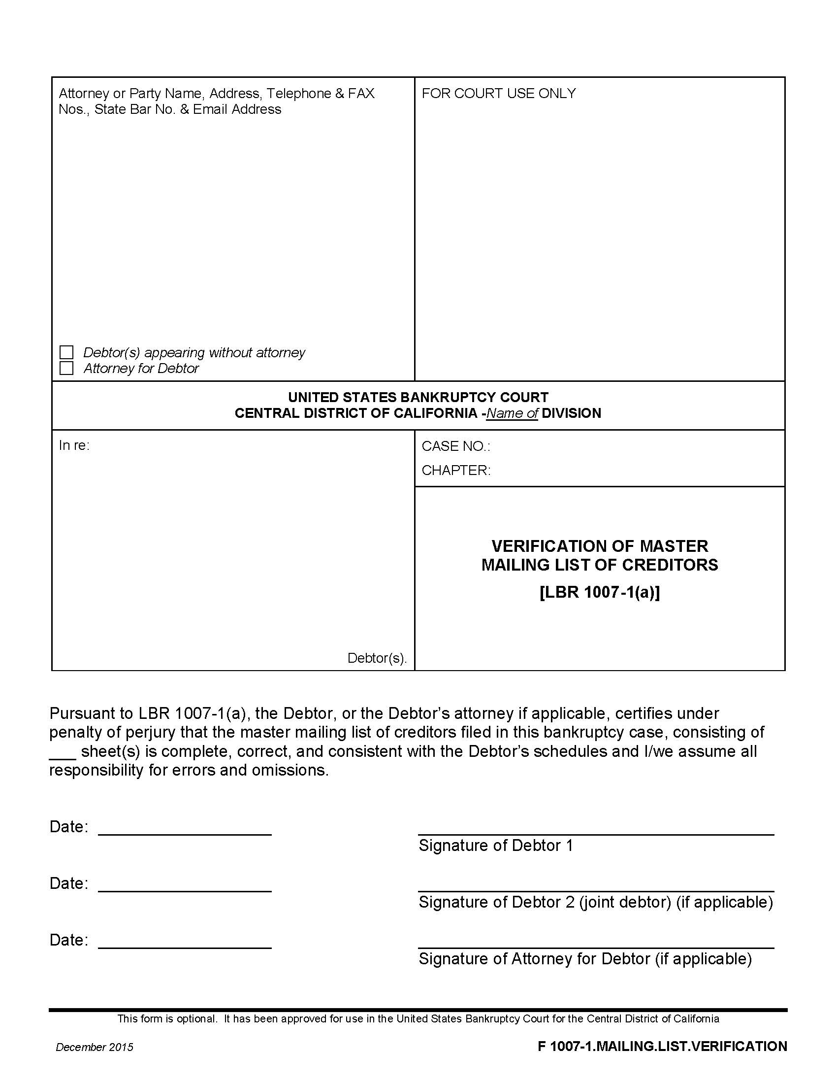 Verification Of Master Mailing List Of Creditors {F 1007-1.MAILING.LIST.VERIFICATION} | Pdf Fpdf Doc Docx | California