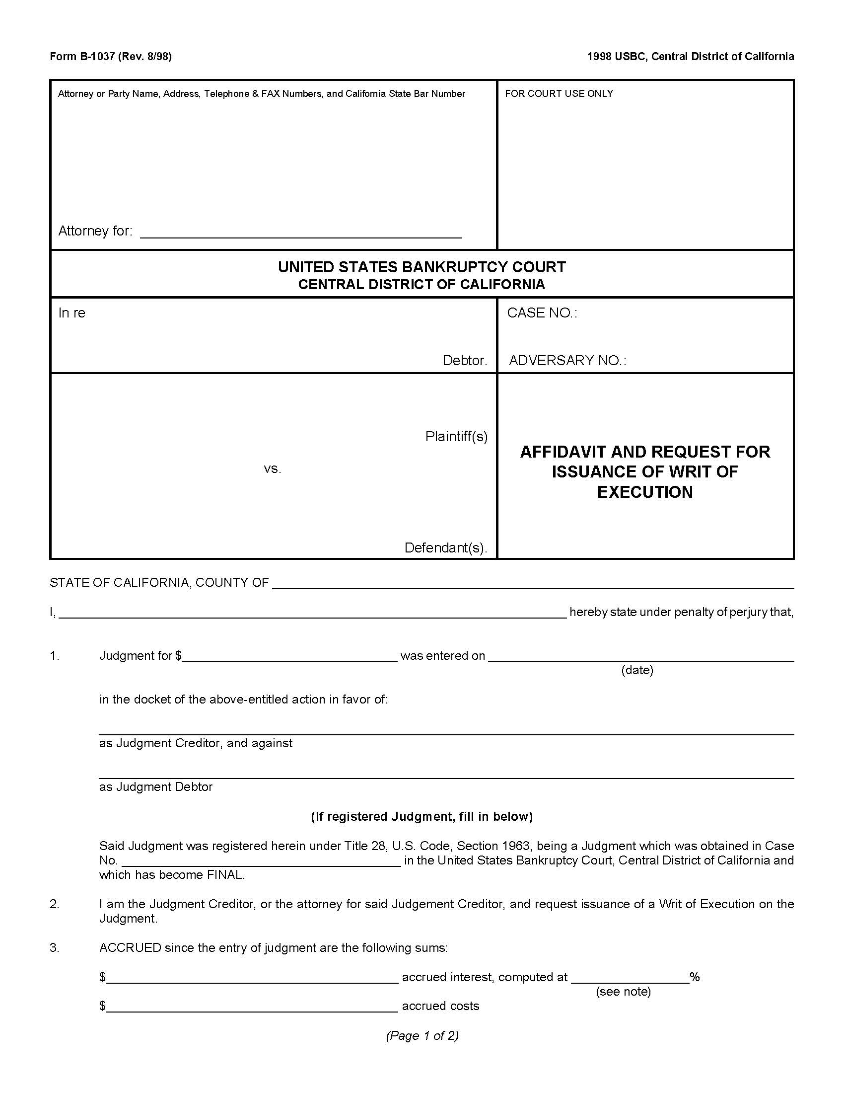 Affidavit And Request For Issuance Of Writ Of Execution {B-1037} | Pdf Fpdf Doc Docx | California