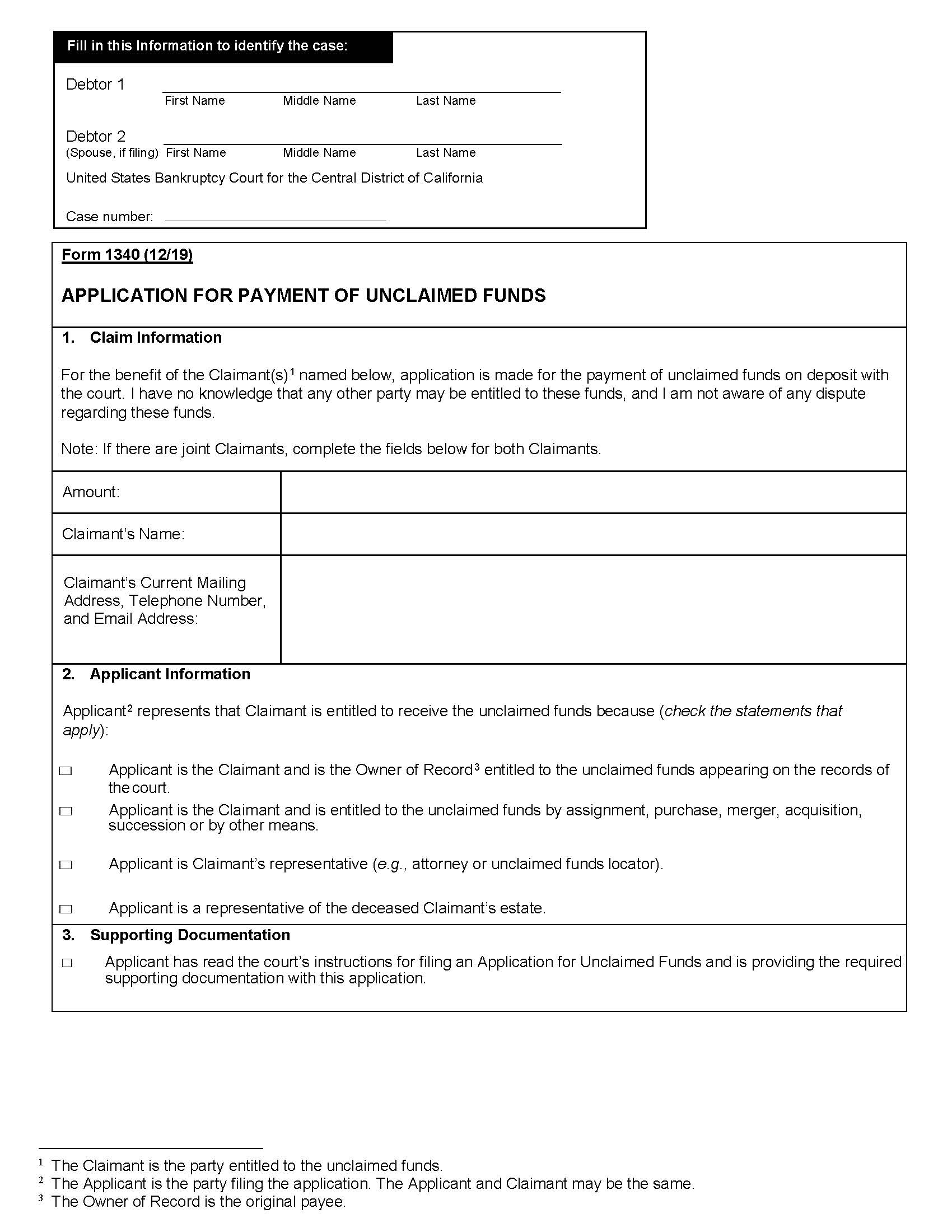 Application For Payment Of Unclaimed Funds (CA USBC Central) {B1340} | Pdf Fpdf Docx | California