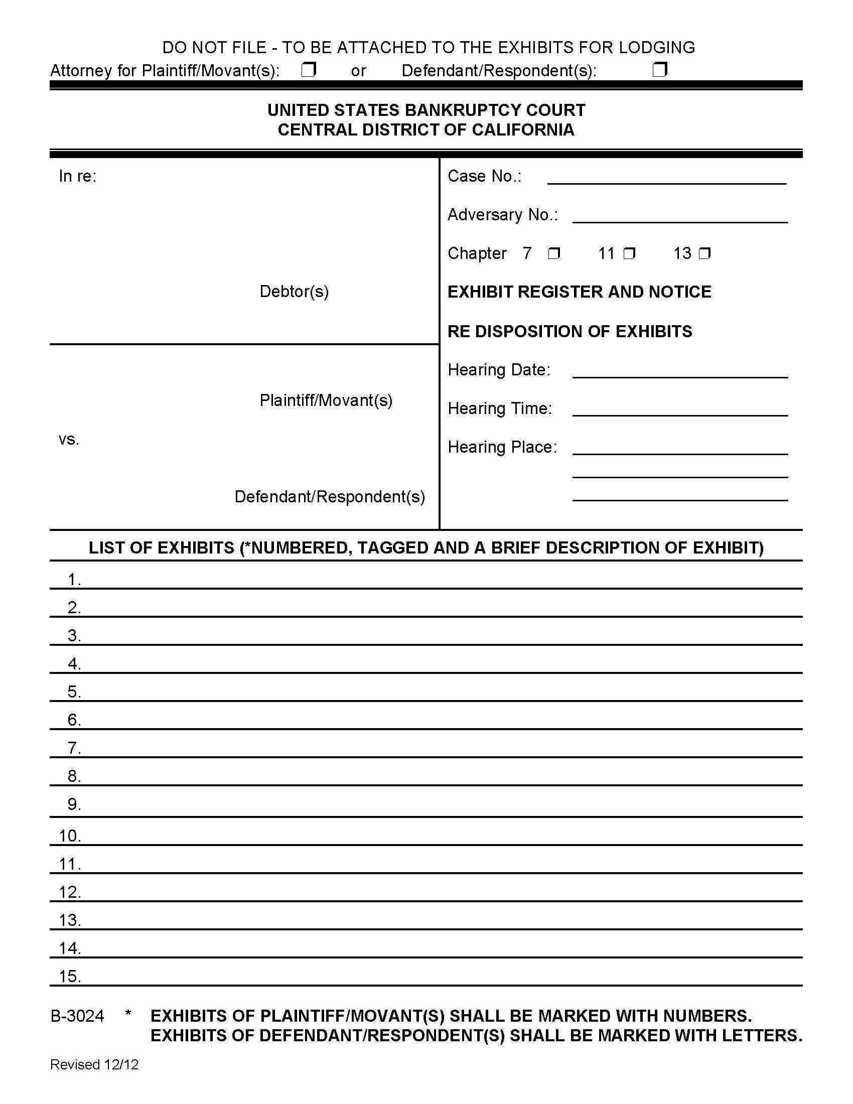 Exhibit Register And Notice Re Disposition Of Exhibits {B-3024} | Pdf Fpdf Doc Docx | California