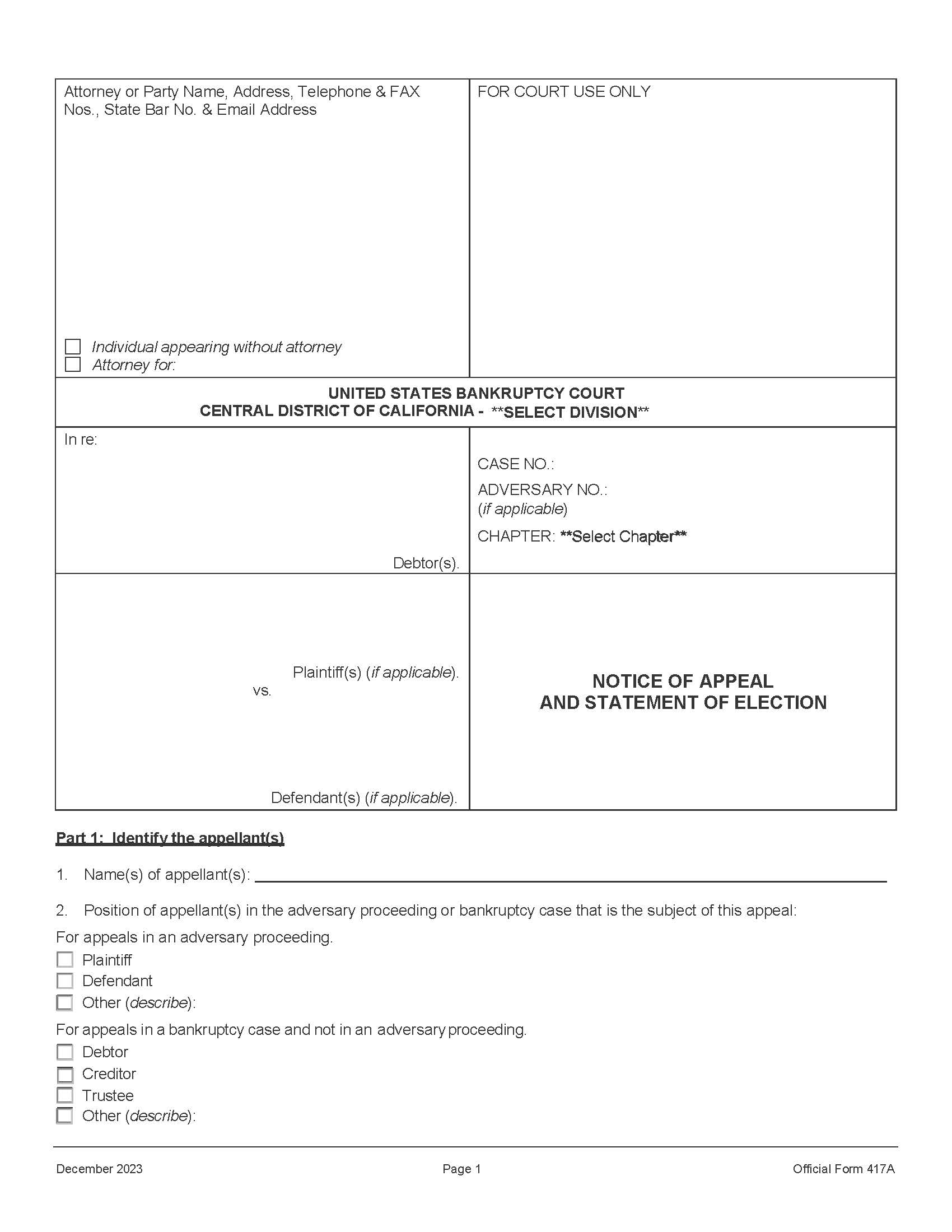 Notice Of Appeal And Statement Of Election (Central District) {417A} | Pdf Fpdf Doc Docx | California