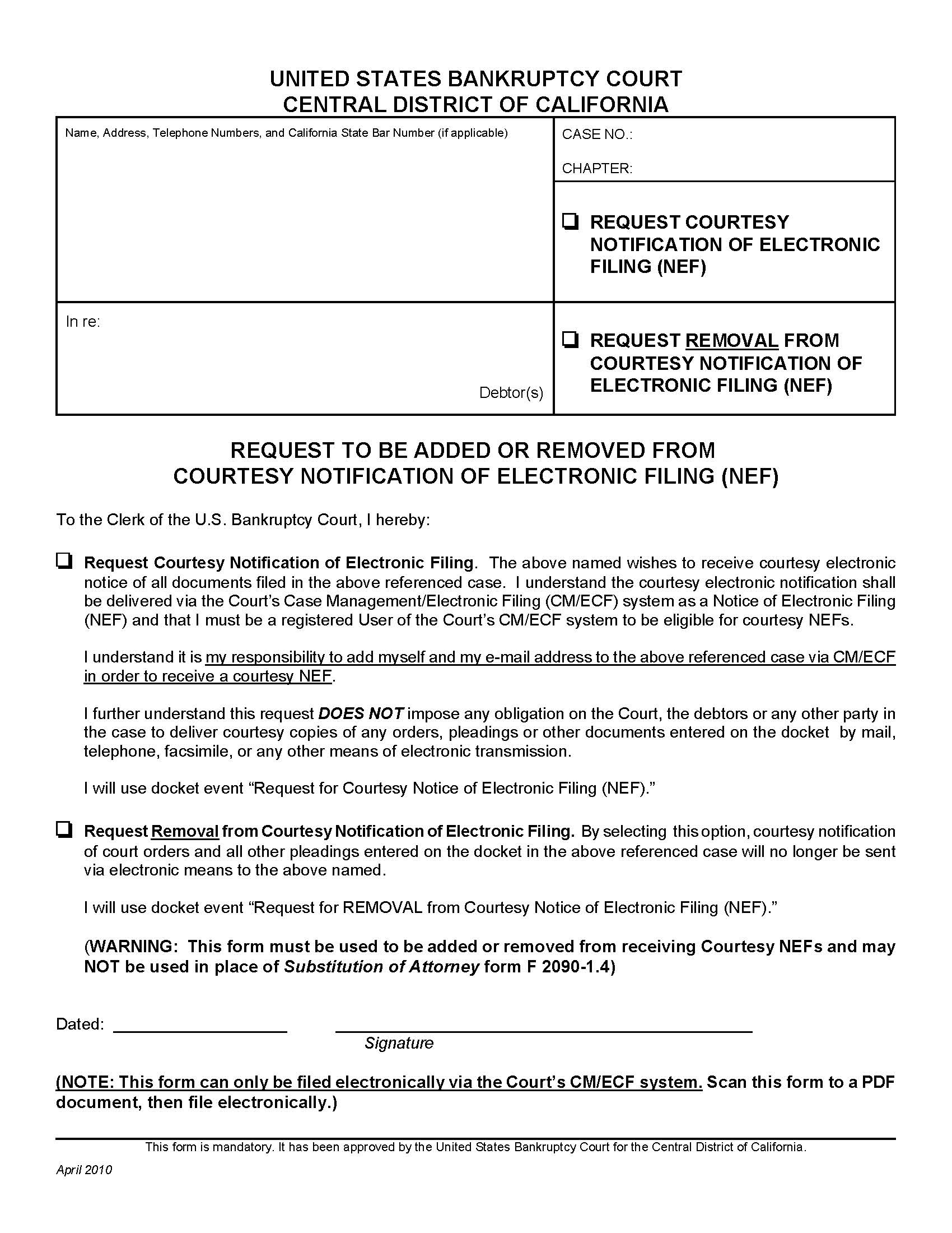 Request To Be Added Or Removed From Courtesy Notification Of Electronic Filing (NEF)  | Pdf Fpdf Doc Docx | California