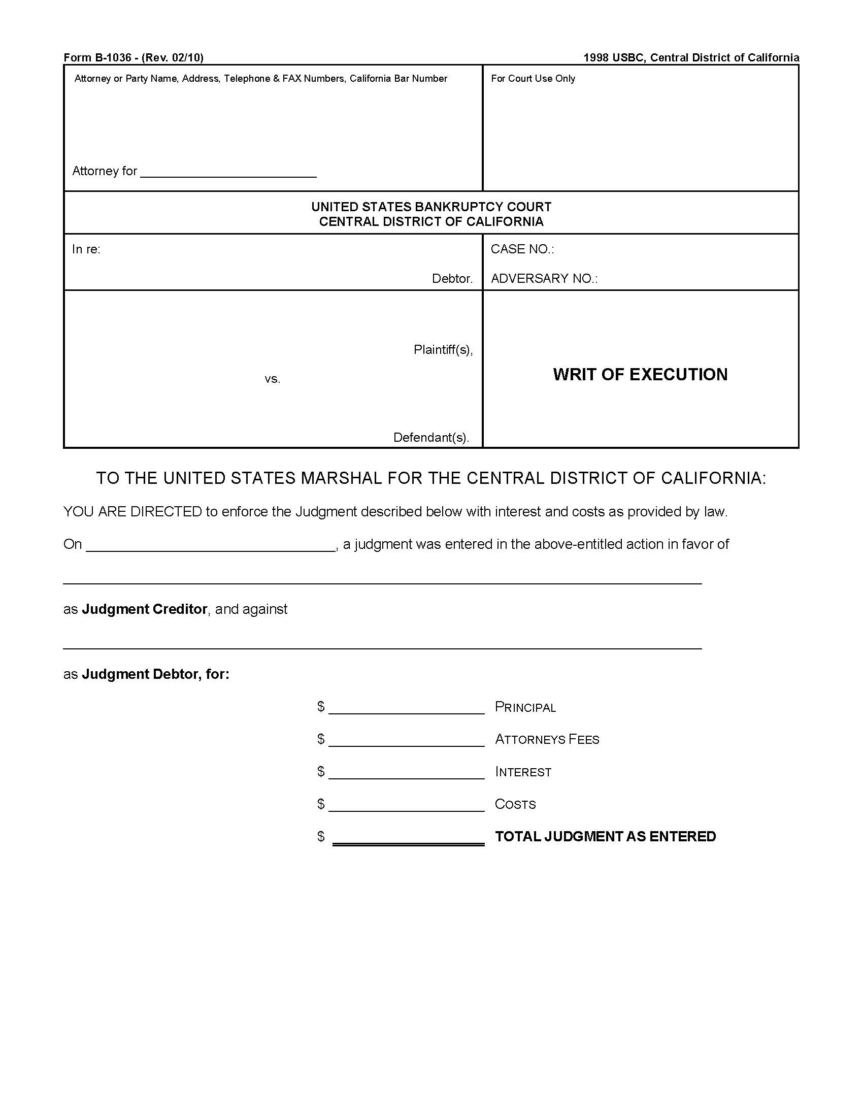 Writ Of Execution {B-1036} | Pdf Fpdf Doc Docx | California