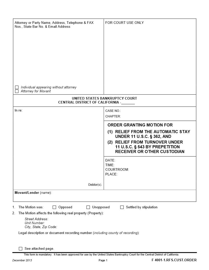Order Granting Motion For (1) Relief From The Automatic Stay (Lodged Upload Order) {F 4001-1.RFS.CUST.ORDER} | Pdf Fpdf Docx | California