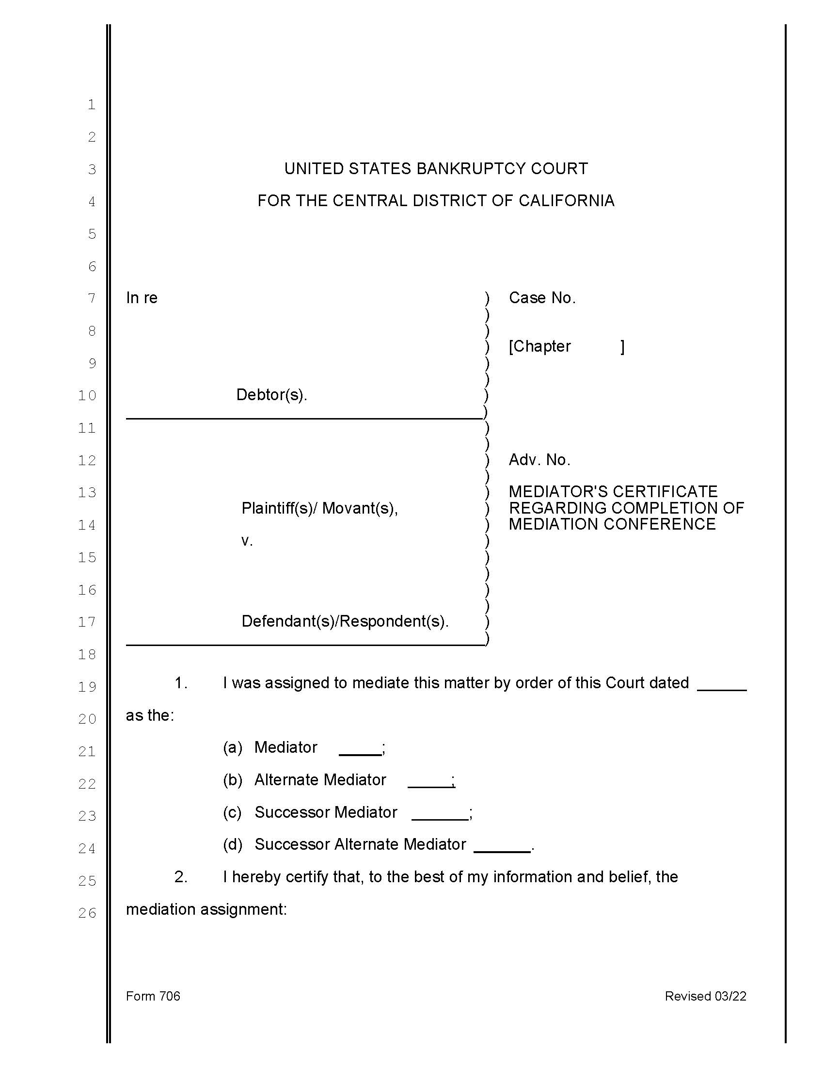 Mediators Certificate Regarding Completion Of Mediation Conference {706} | Pdf Fpdf Doc Docx | California
