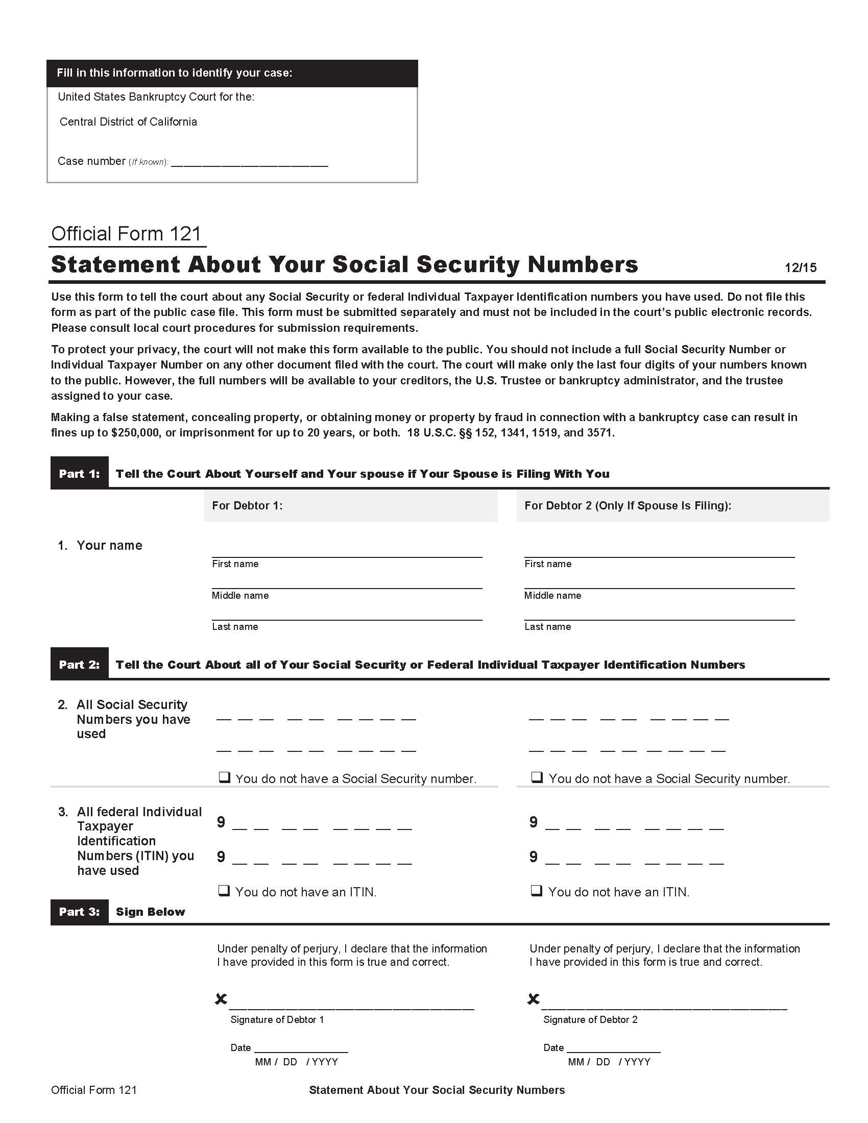 Statement About Your Social Security Number(s) (USBC Central District Of California) {B121} | Pdf Fpdf Doc Docx | California