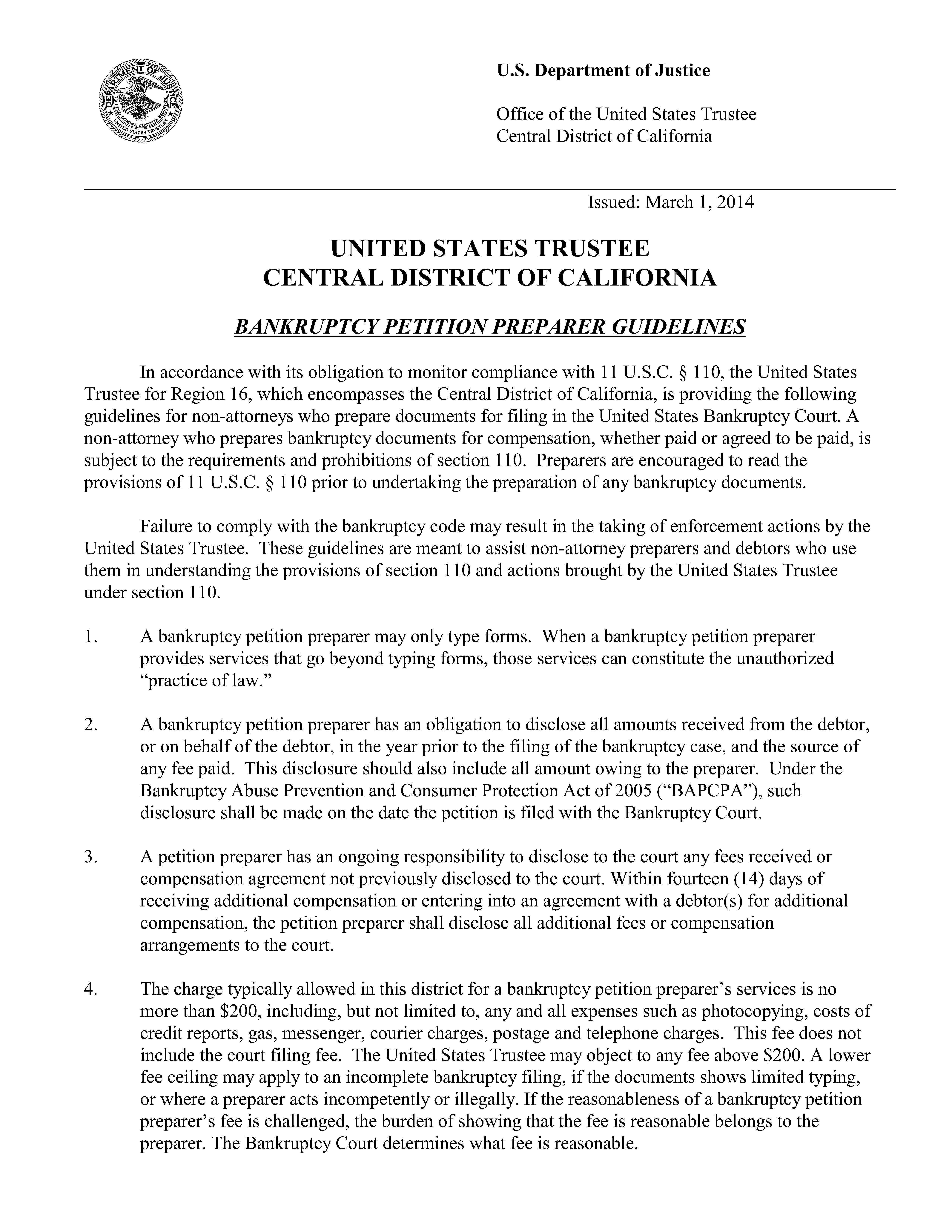 Bankruptcy Petition Preparer Guidelines | Pdf Fpdf Doc Docx | California