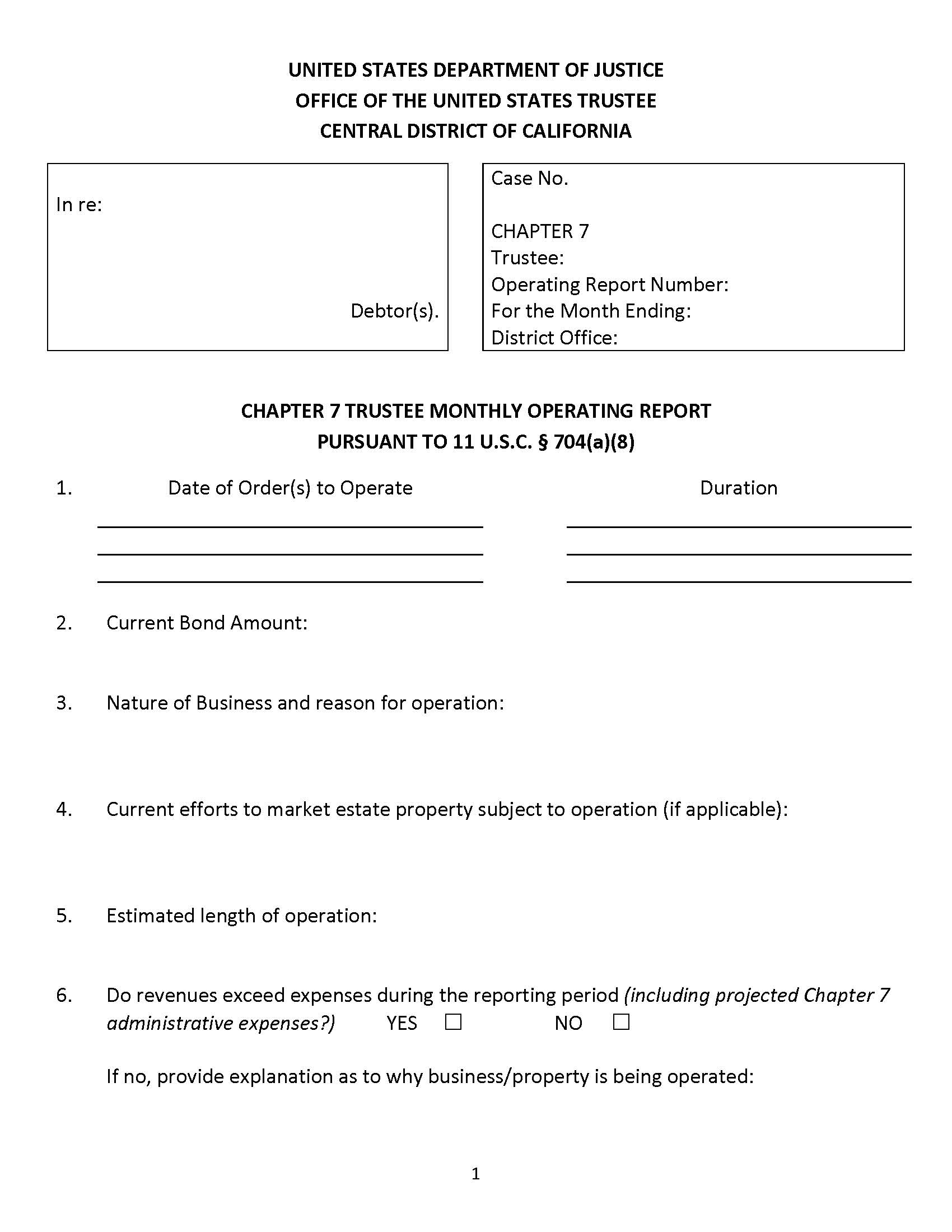 Chapter 7 Trustee–Monthly Operating Report (Trustee Oversight) | Pdf Fpdf Docx | California