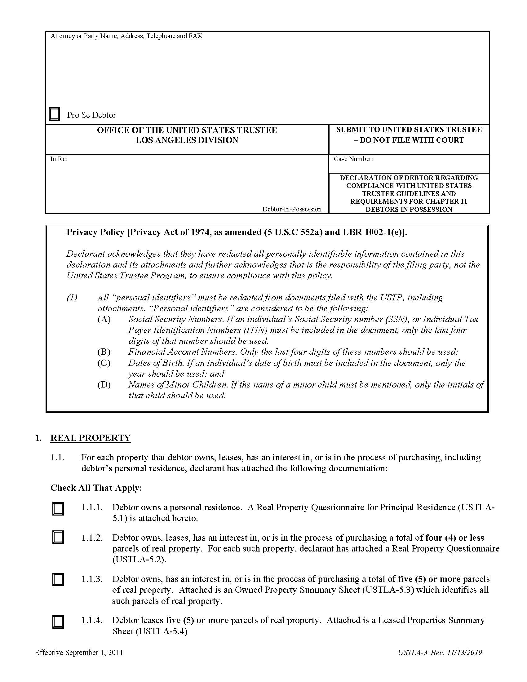 Declaration Regarding Compliance With UST Guidelines (Los Angeles Division Cases) {USTLA-3} | Pdf Fpdf Doc Docx | California