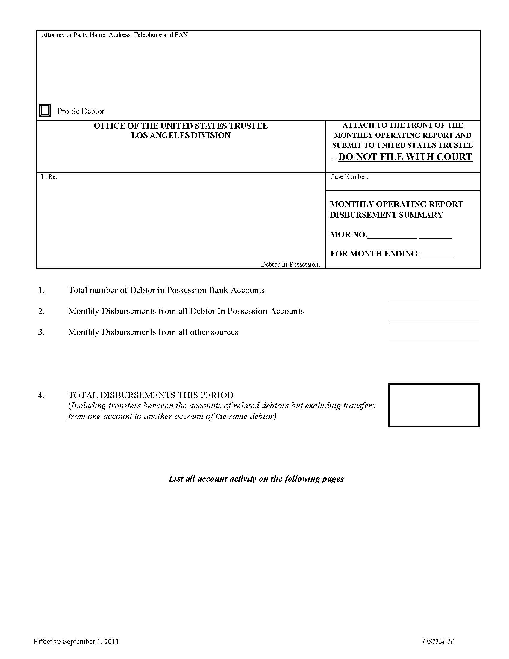 Monthly Operating Report Disbursement Summary (Los Angeles Division) {USTLA-16} | Pdf Fpdf Docx | California