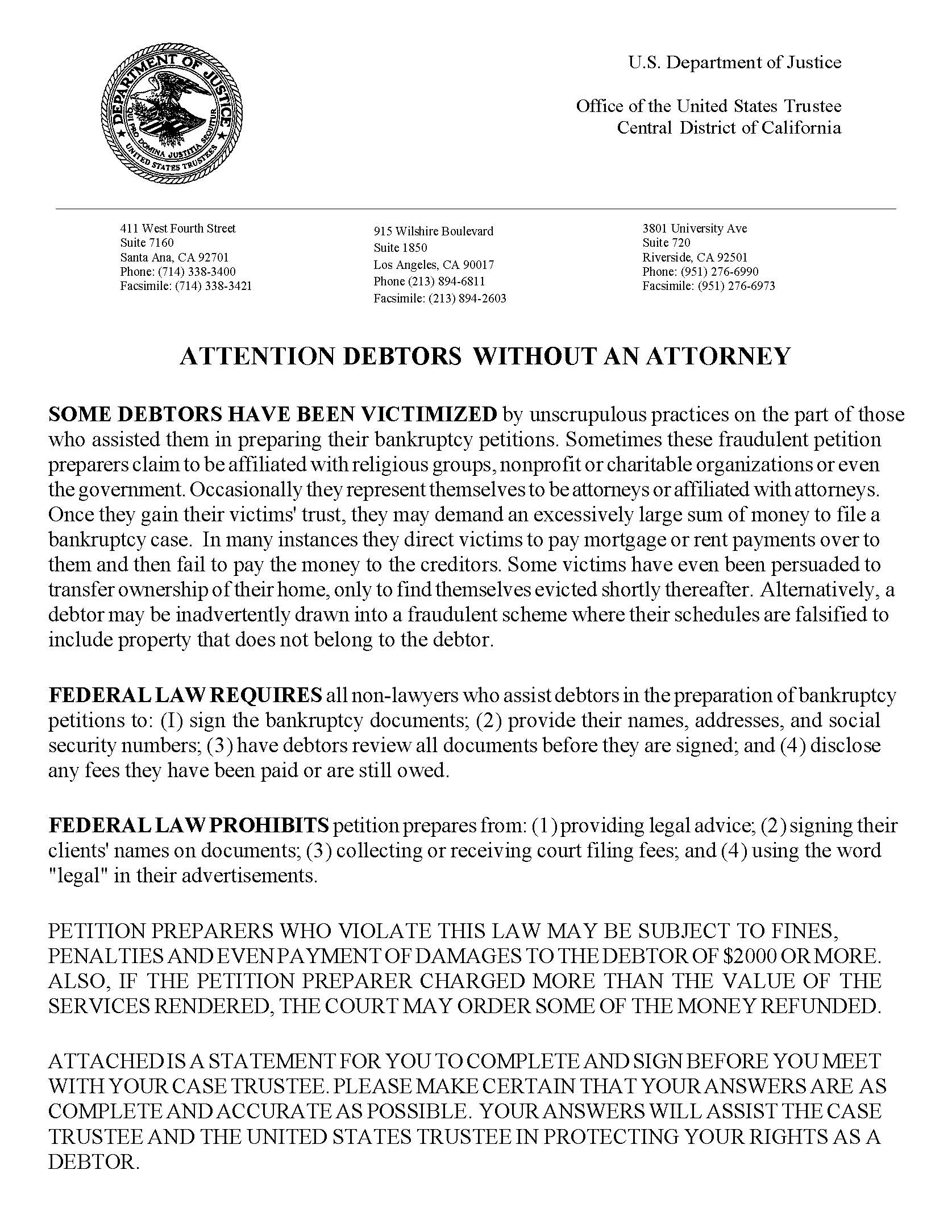 Notice To Debtors Without An Attorney (Declaration For Debtors Without An Attorney) | Pdf Fpdf Docx | California