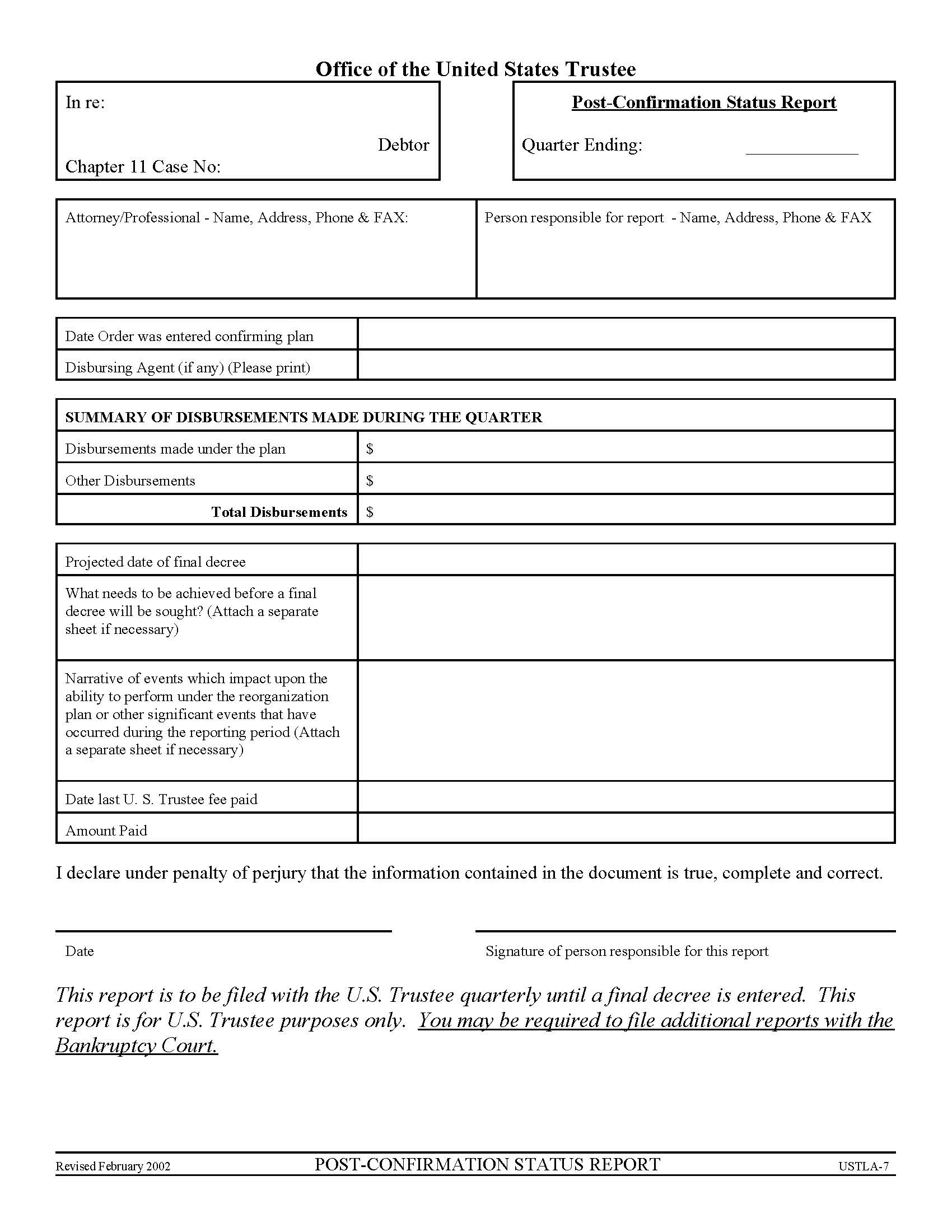 Post-Confirmation Status Report {USTLA-7} | Pdf Fpdf Doc Docx | California