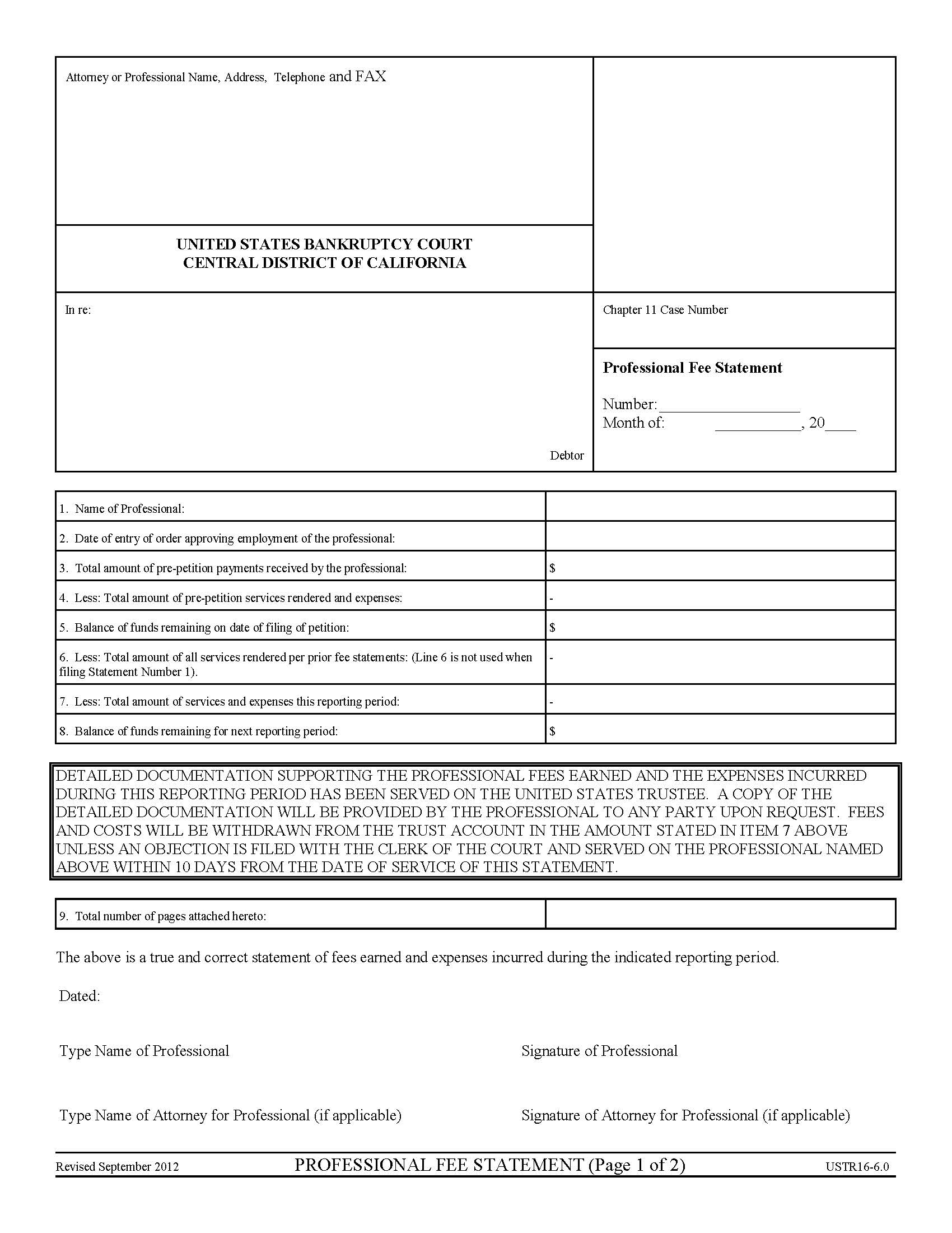 Professional Fee Statement {USTLA-6} | Pdf Fpdf Docx | California
