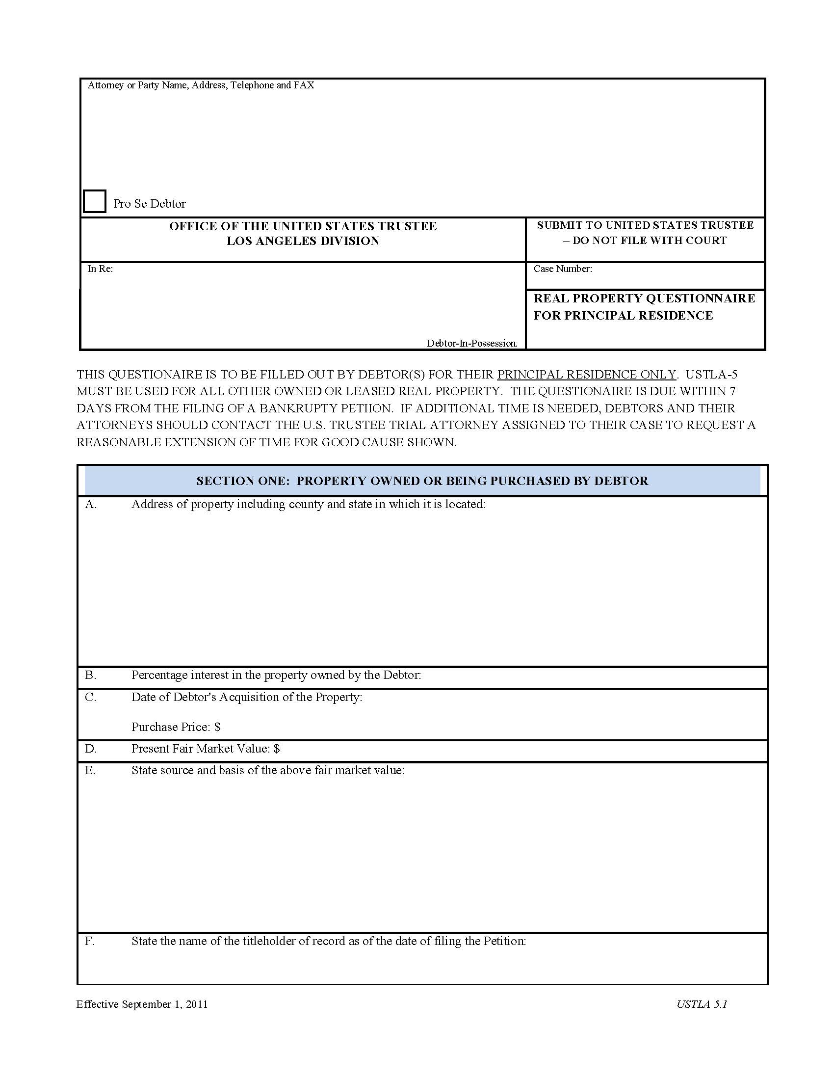 Real Property Questionnaire For Principal Residence (Los Angeles Division) {USTLA-5.1} | Pdf Fpdf Doc Docx | California
