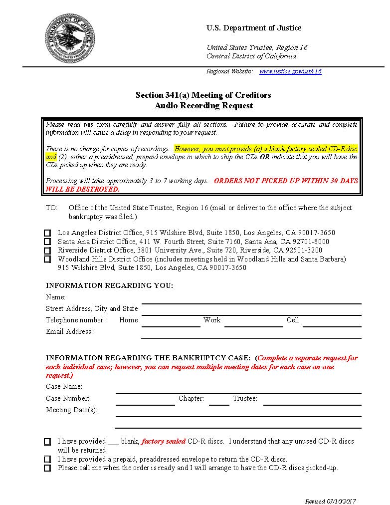 Section 341(a) Meeting of Creditors Audio Recording Request | Pdf Fpdf Docx | California