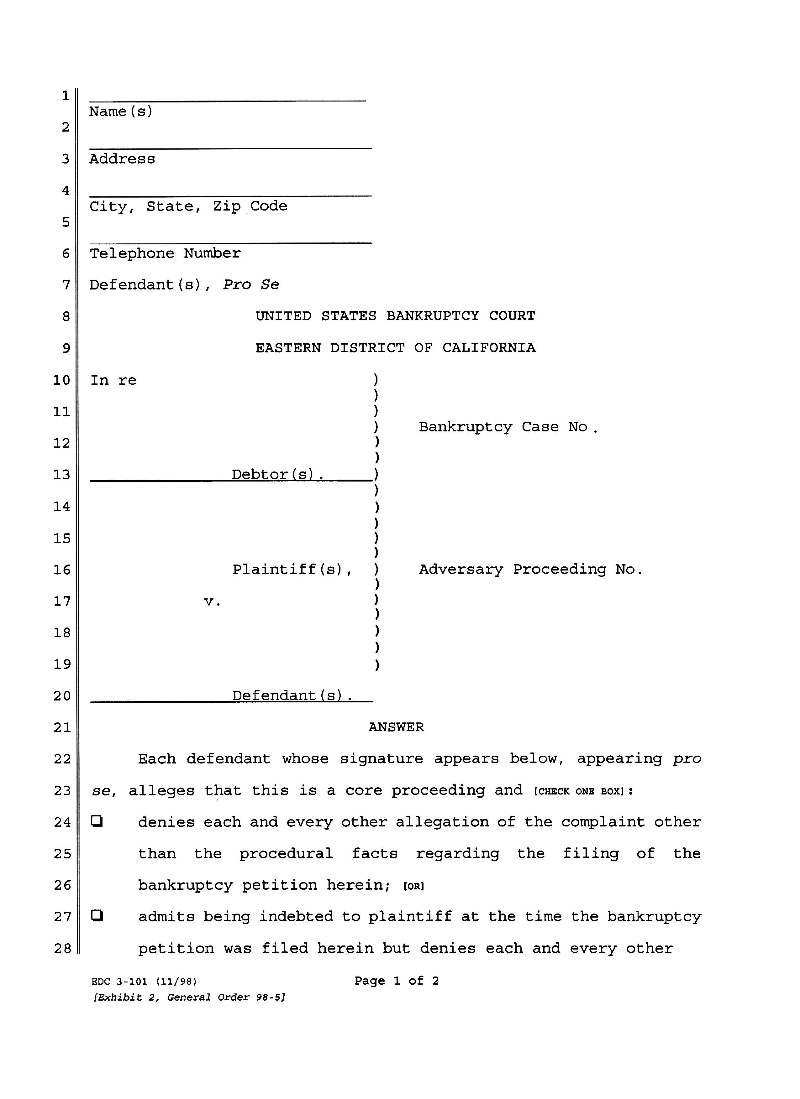Answer (Exhibit 2 General Order 98-5) {EDC 3-101} | Pdf Fpdf Doc Docx | California