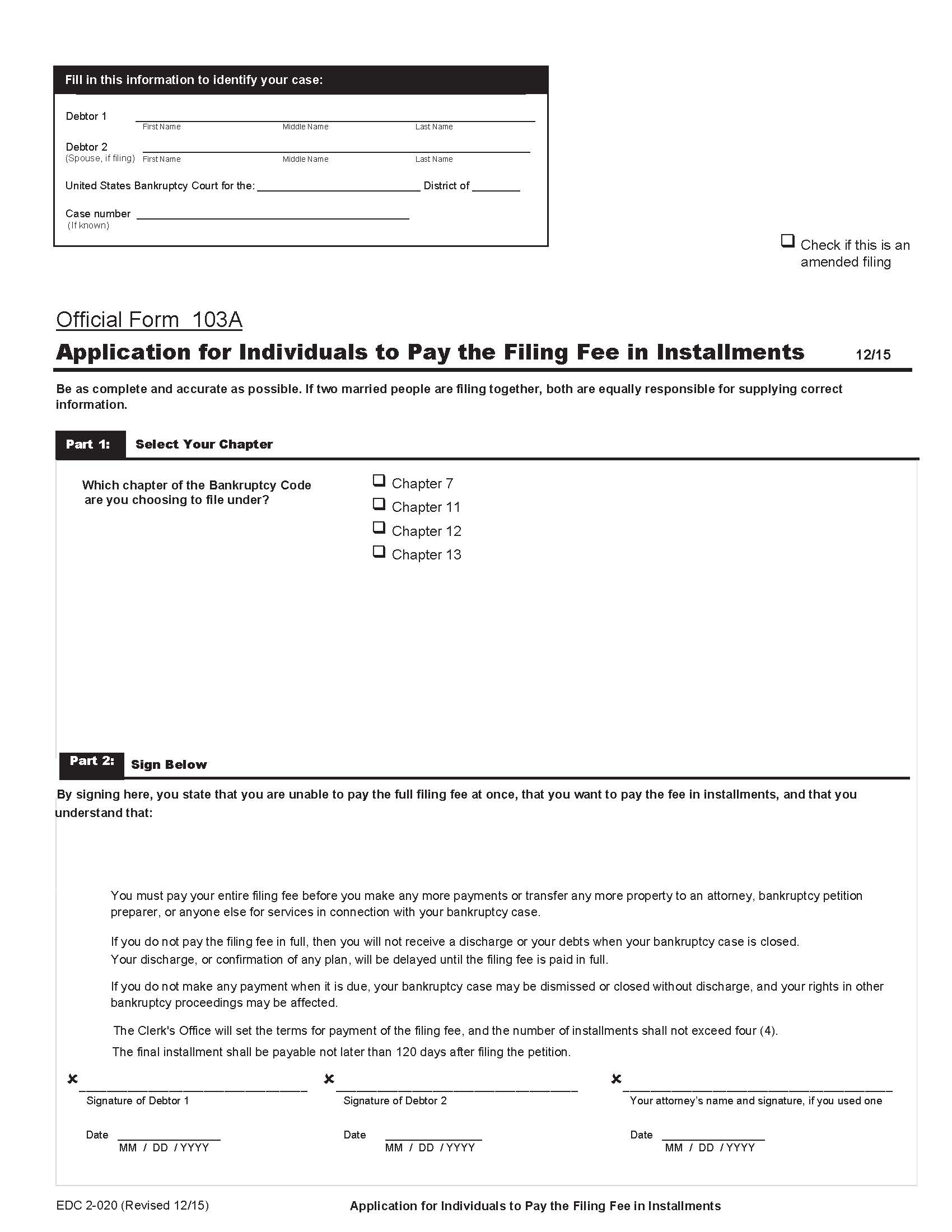 Application For Individuals To Pay Filing Fee In Installments {EDC 2-020 103A} | Pdf Fpdf Doc Docx | California