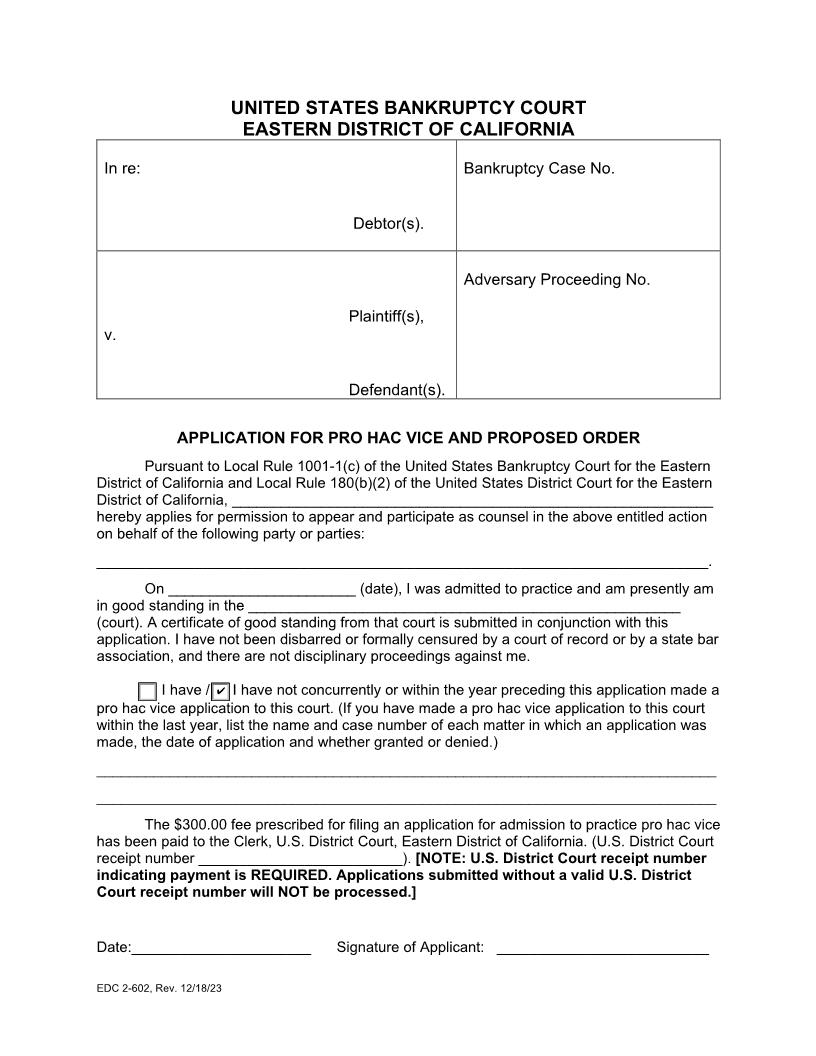 Application For Pro Hac Vice And Proposed Order {EDC. 002-602} | Pdf Fpdf Doc Docx | California