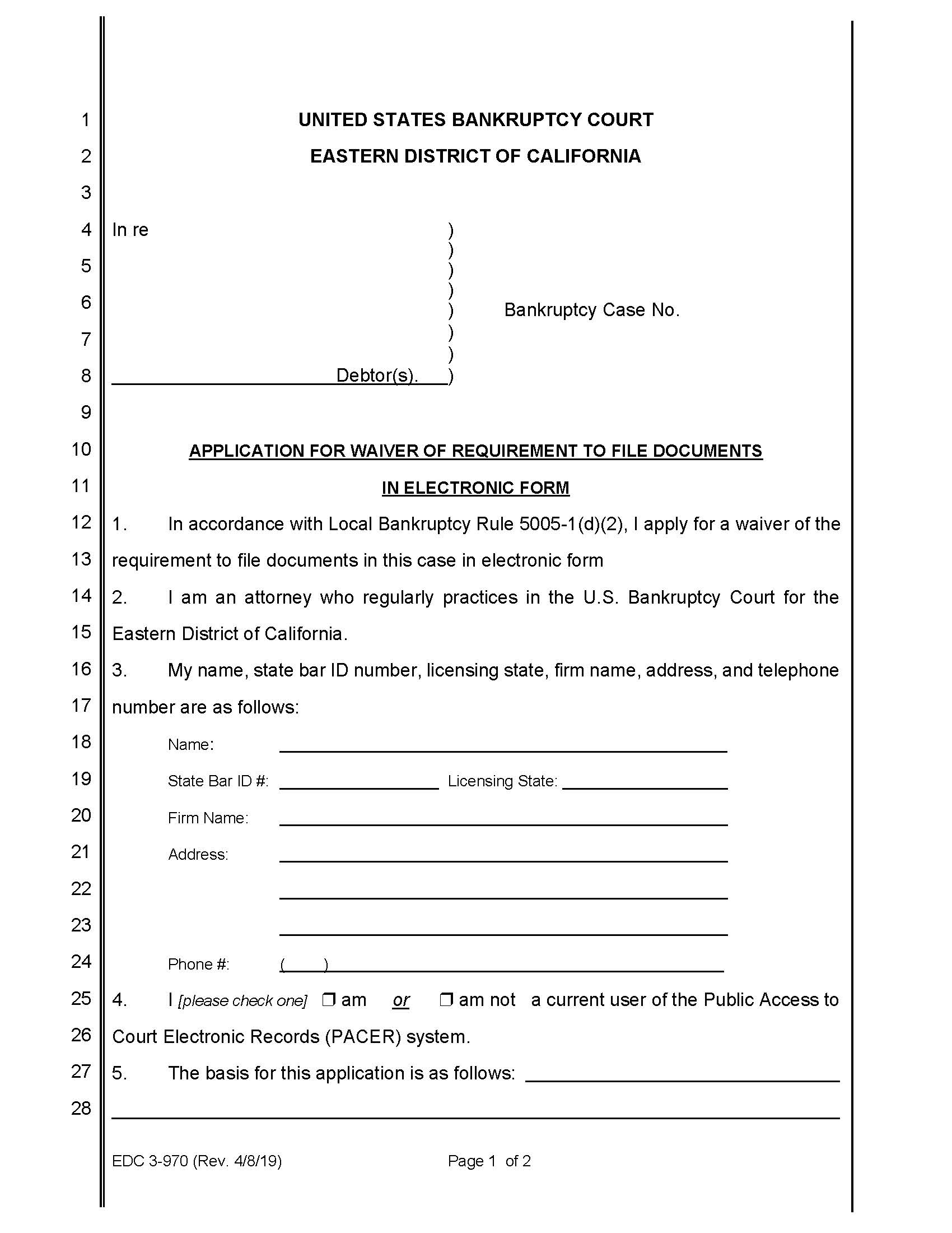 Application For Waiver Of Requirement To File Documents In Electronic Form {EDC 3-970} | Pdf Fpdf Doc Docx | California