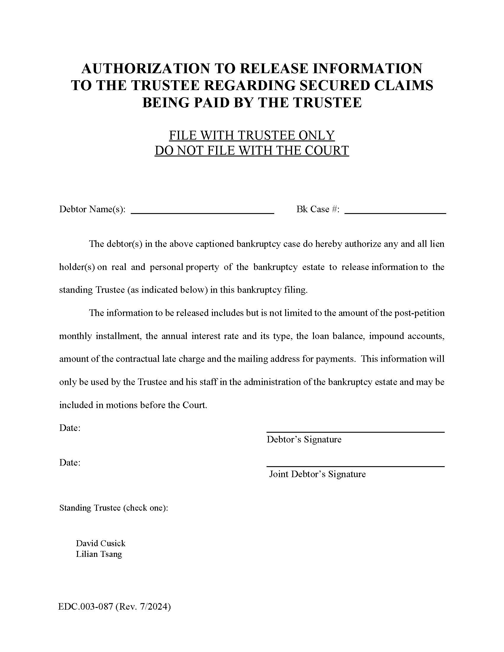 Authorization To Release Information To The Trustee Regarding Secured Claims {EDC.003-087} | Pdf Fpdf Doc Docx | California