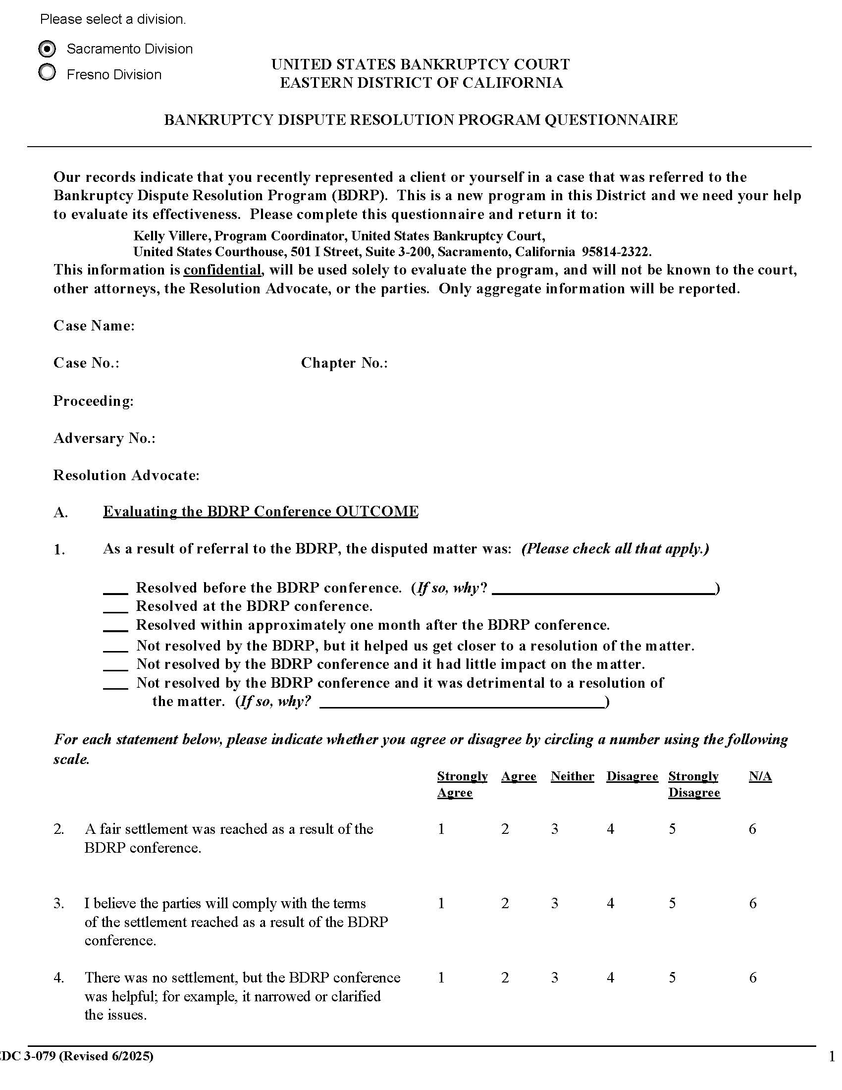 Bankruptcy Dispute Resolution Program Questionnaire {EDC 3-079} | Pdf Fpdf Docx | California