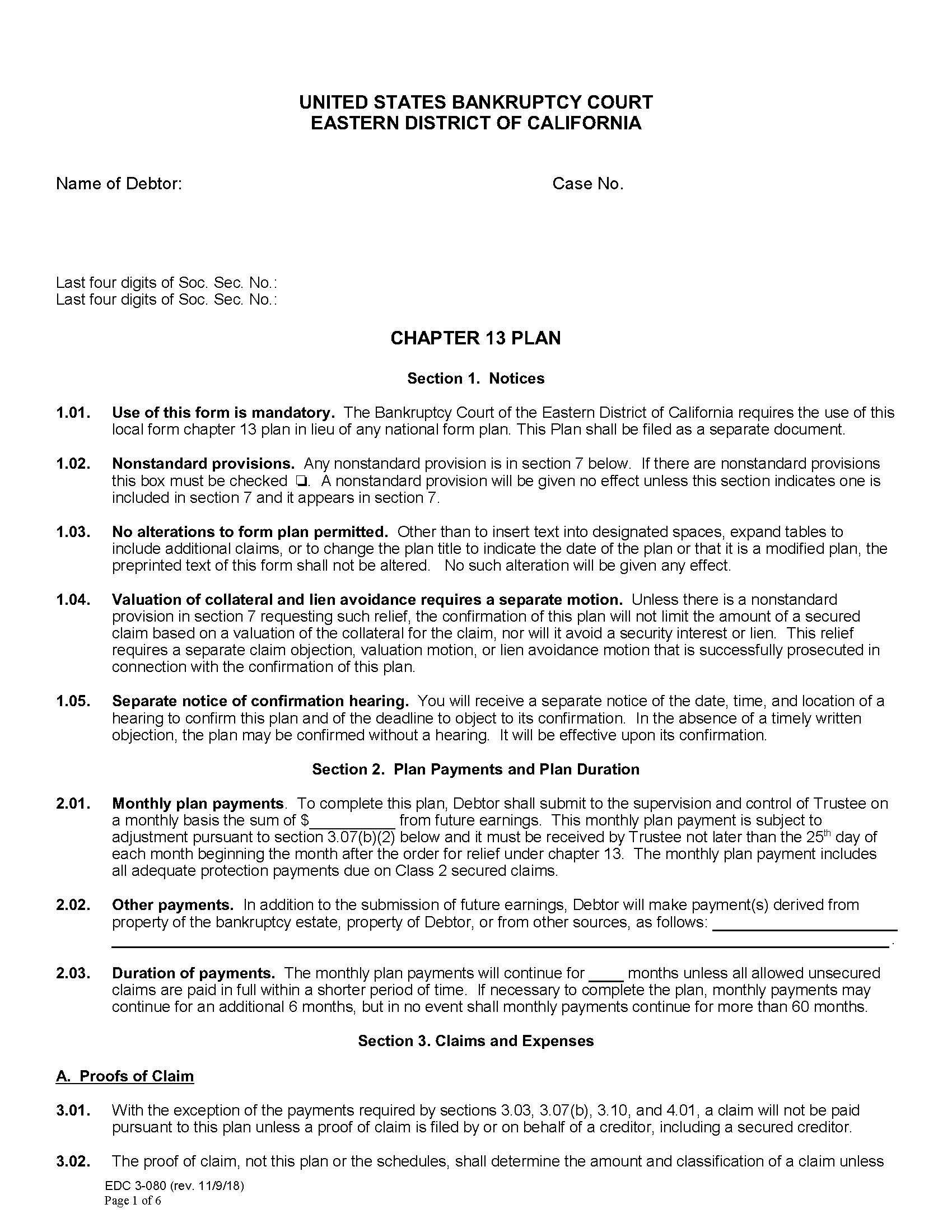 Chapter 13 Plan {EDC 3-080} | Pdf Fpdf Docx | California