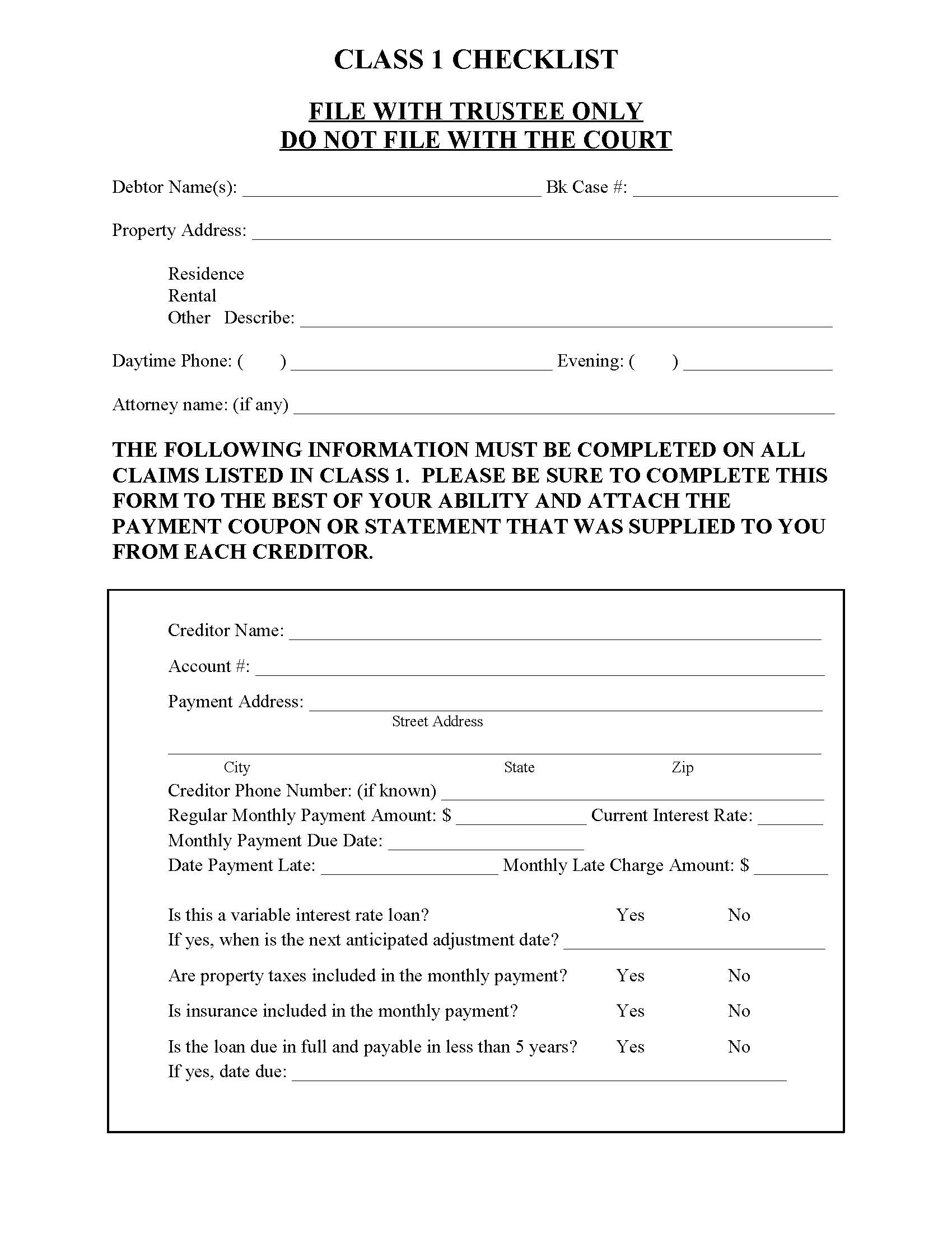 Class 1 Checklist For Filing With The Trustee {EDC 003-086} | Pdf Fpdf Doc Docx | California