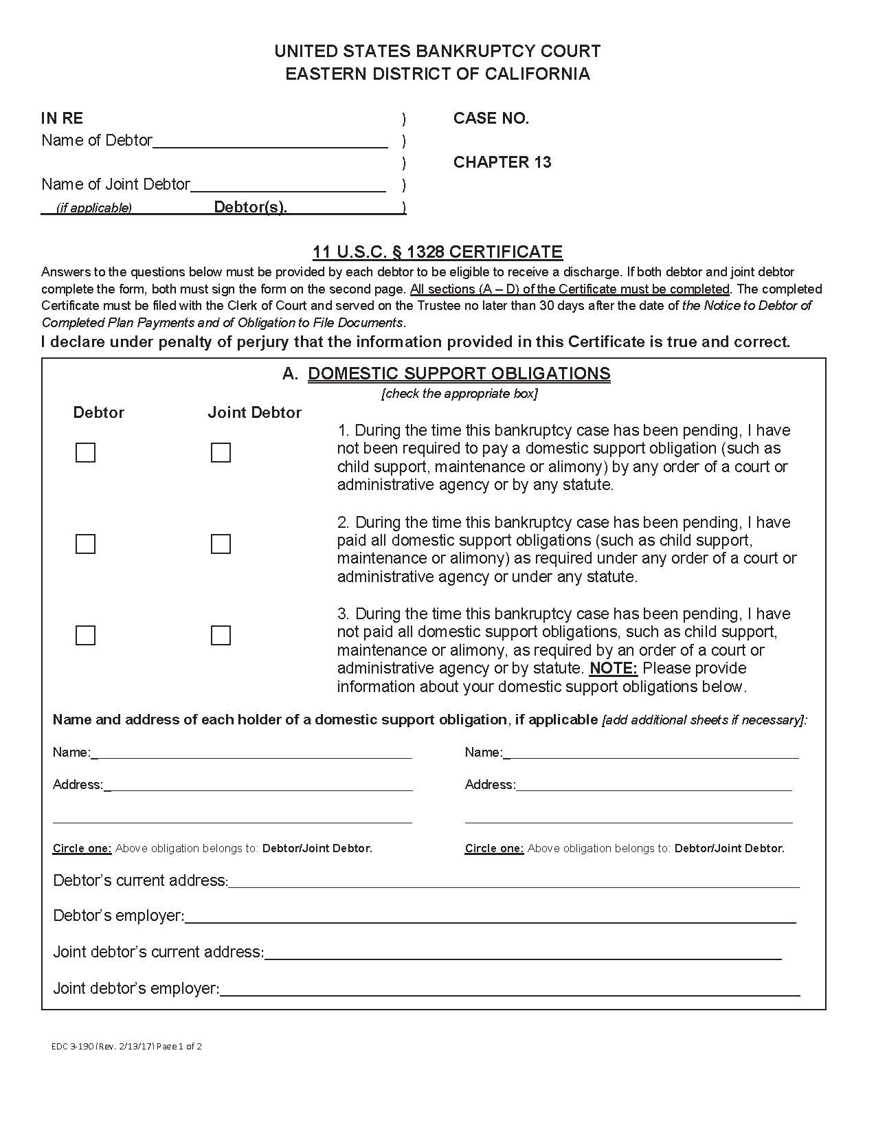 Debtors 11 USC 1328 Certificate {EDC 3-190} | Pdf Fpdf Doc Docx | California