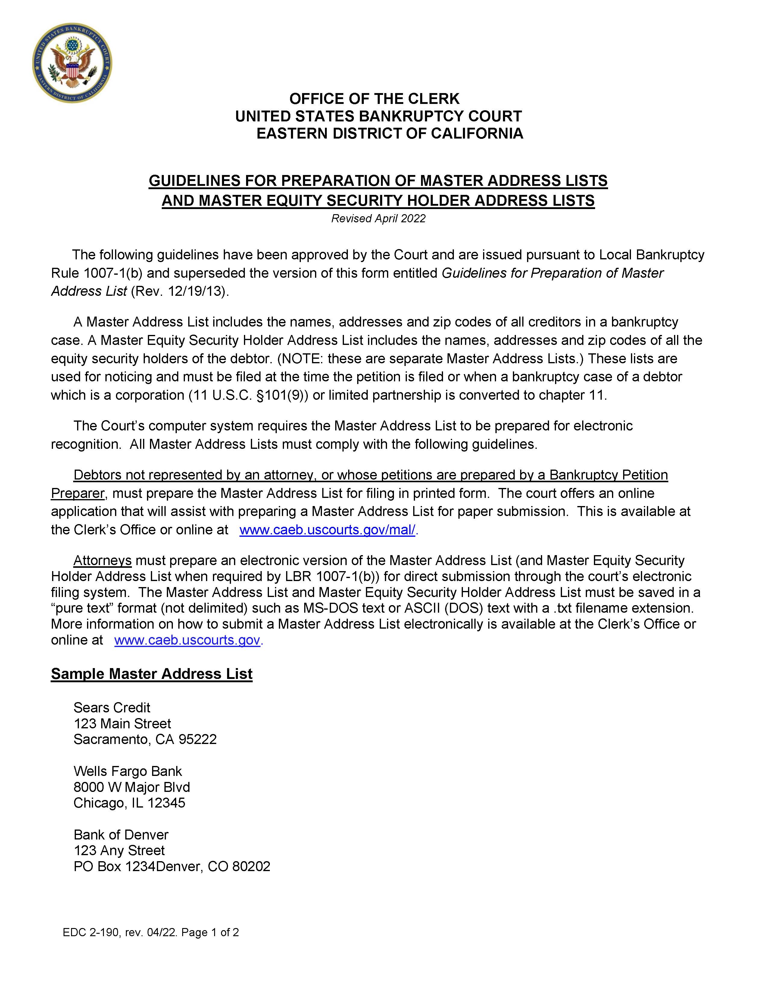 Guidelines For Preparation Of Master Address Lists {EDC 2-190} | Pdf Fpdf Doc Docx | California