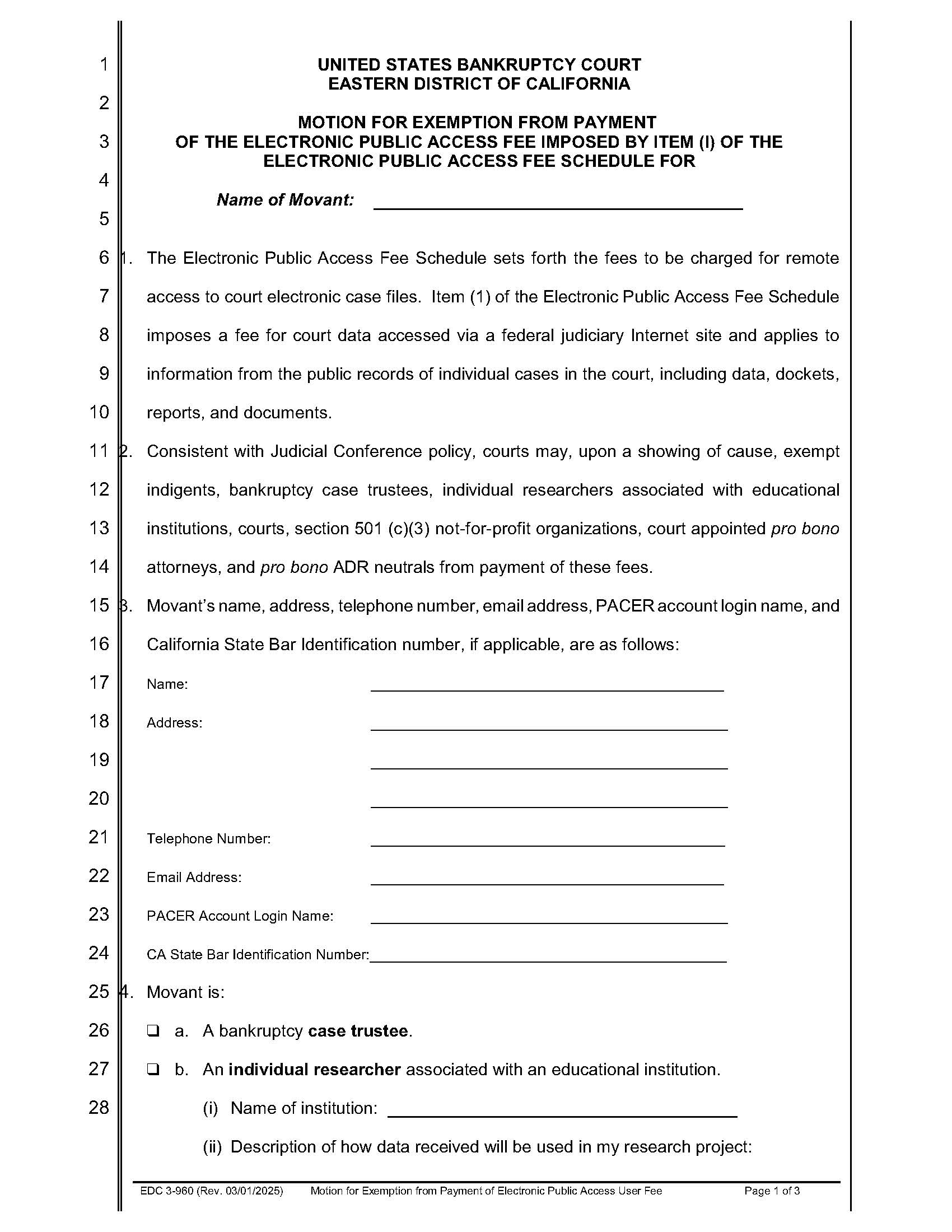 Motion For Exemption From Payment Of The Electronic Public Access Fee {EDC 3-960} | Pdf Fpdf Doc Docx | California