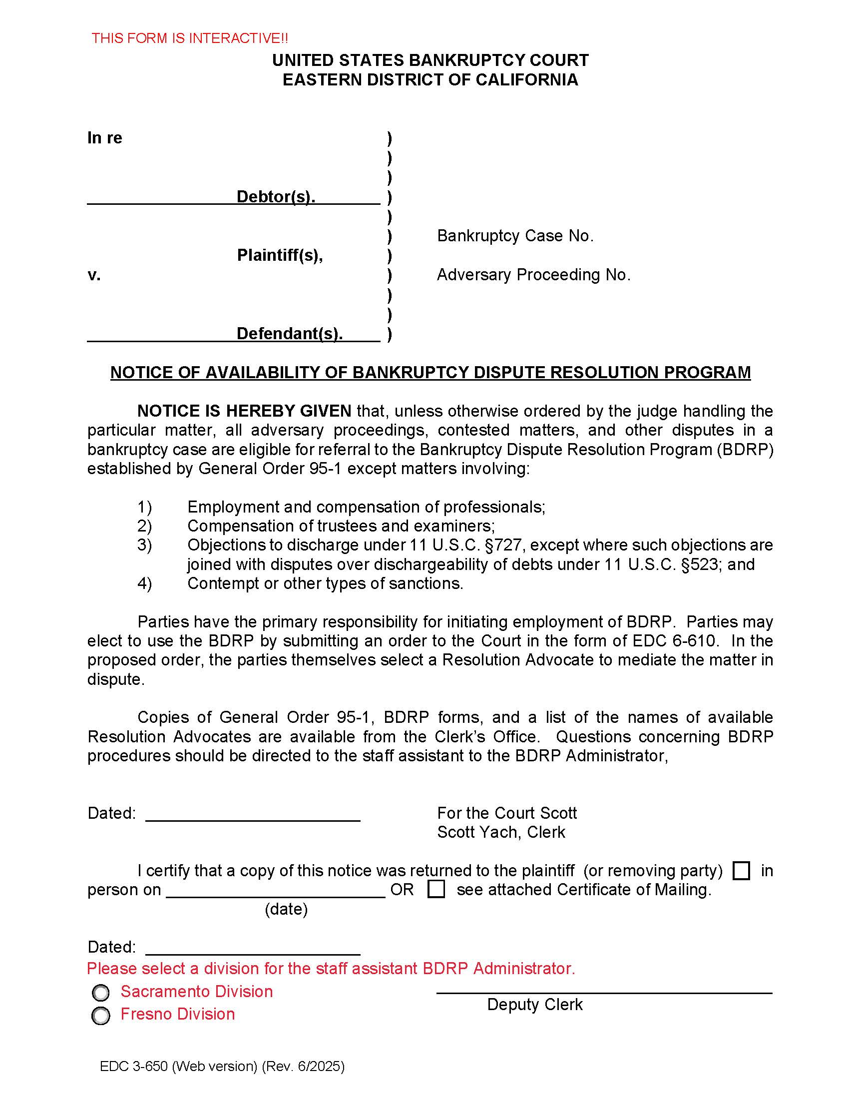 Notice Of Availability Of Bankruptcy Dispute Resolution Program {EDC 3-650} | Pdf Fpdf Docx | California
