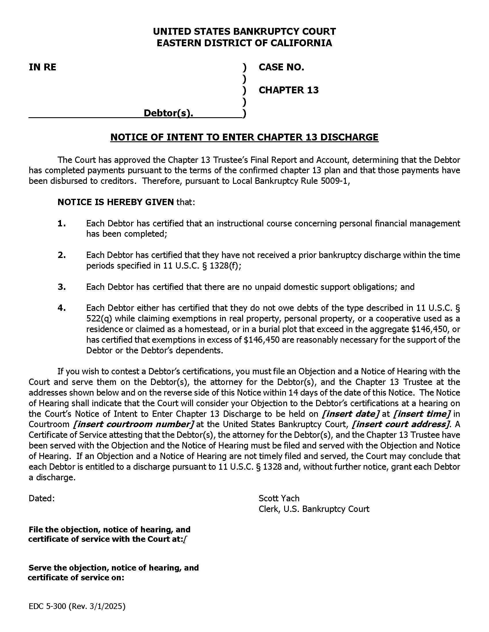 Notice Of Intent To Enter Chapter 13 Discharge {EDC 5-300} | Pdf Fpdf Doc Docx | California